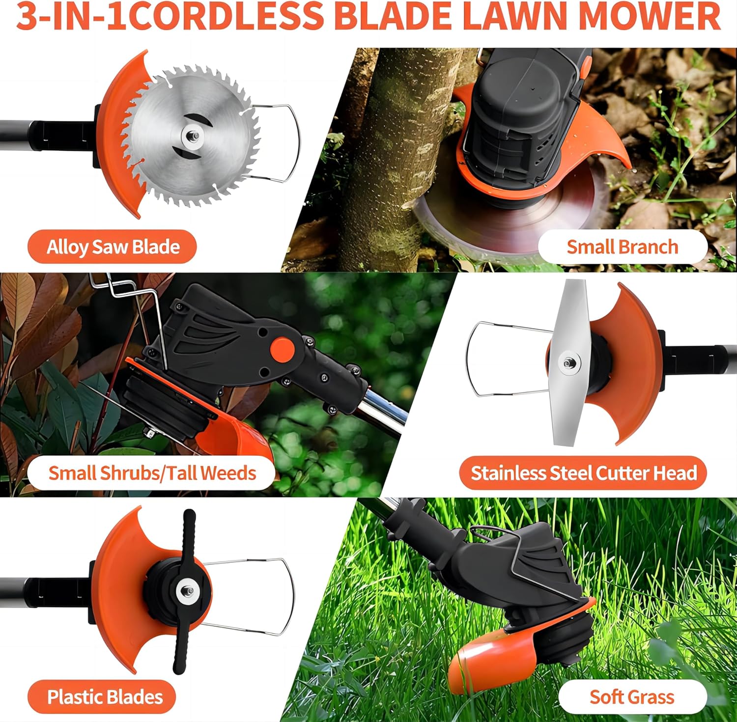 Multifunctional cordless blade lawn mower with various attachments on a green grass background.