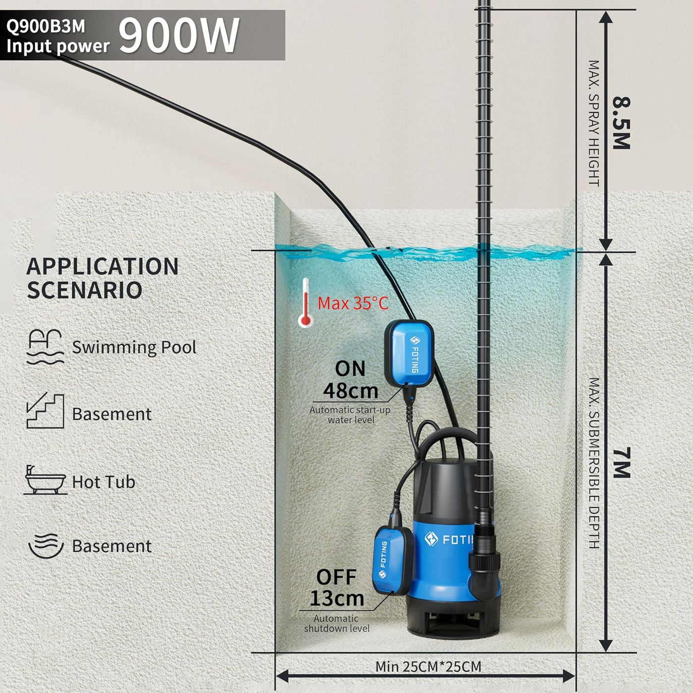 Submersible Water Pump 900W 14000L/H Float Switch Sump Pump FOTING Electric