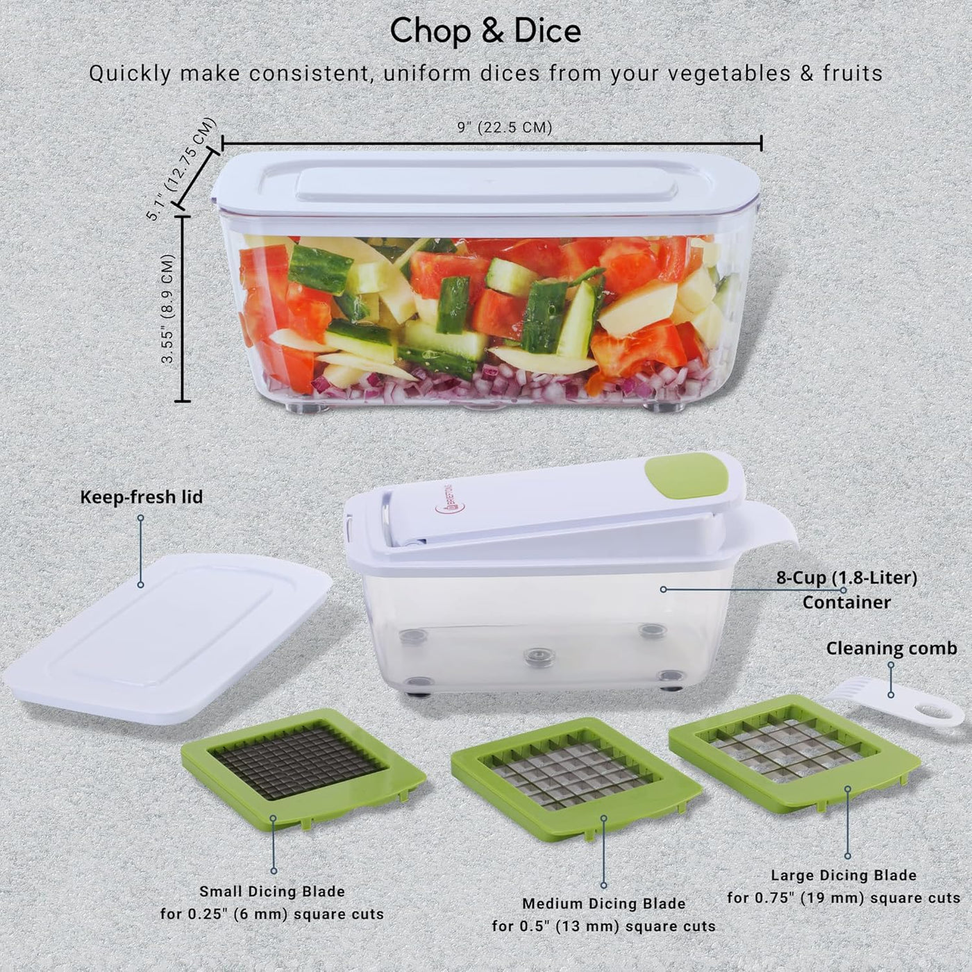 Brieftons Quick Push Food Chopper (BR-QP-02) Kitchen Vegetable Fruit Dicer