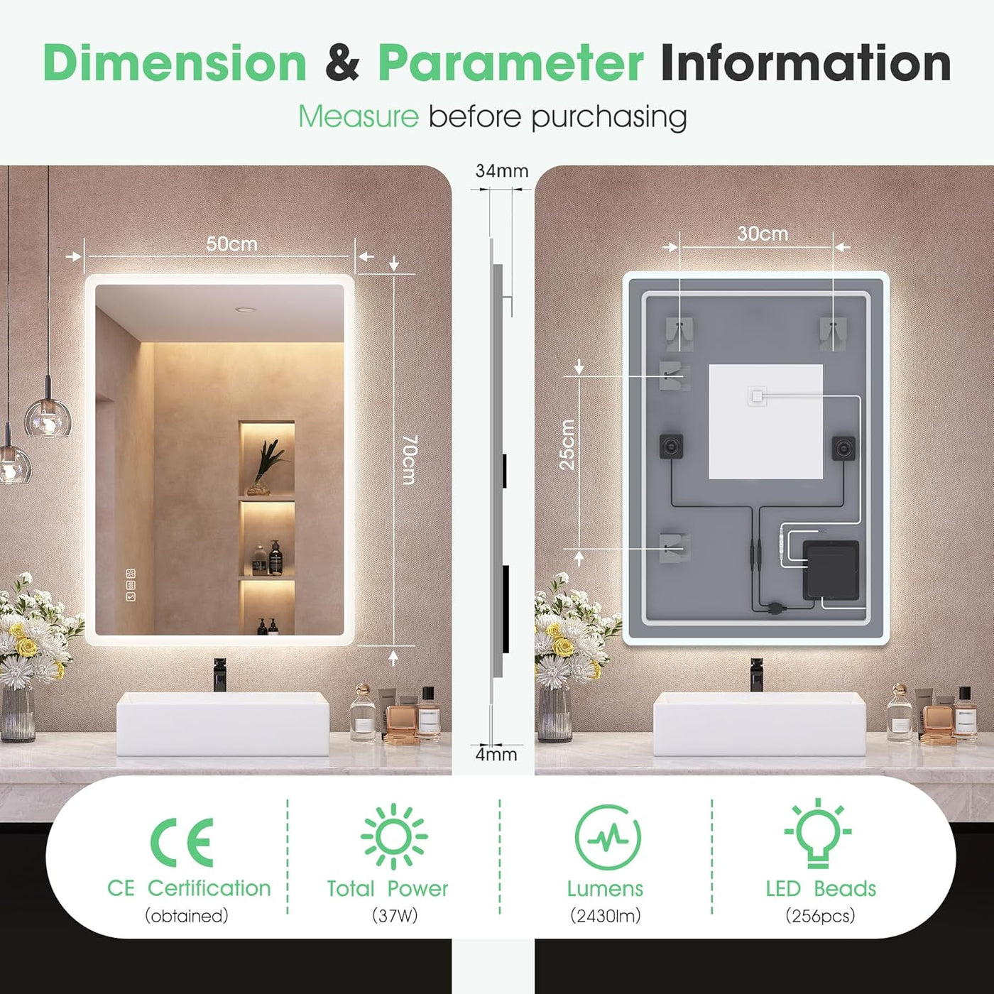 Dimensions and parameter information of a bathroom mirror with LED lights.