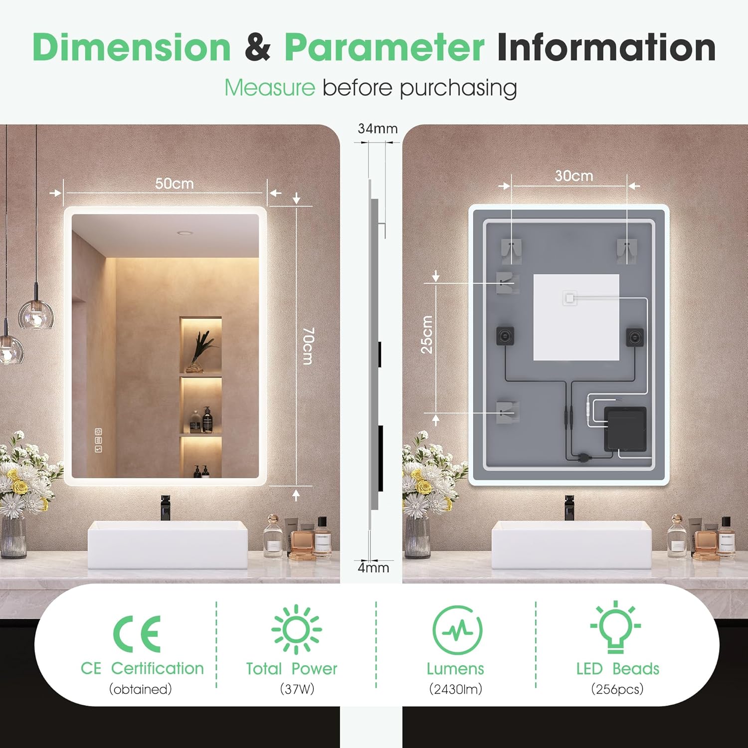 Dimensions and parameter information of a bathroom mirror with LED lights.