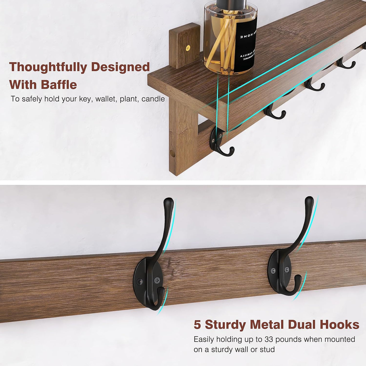 Wooden shelf with hooks and baffle design, featuring a candle and plant on a white background.