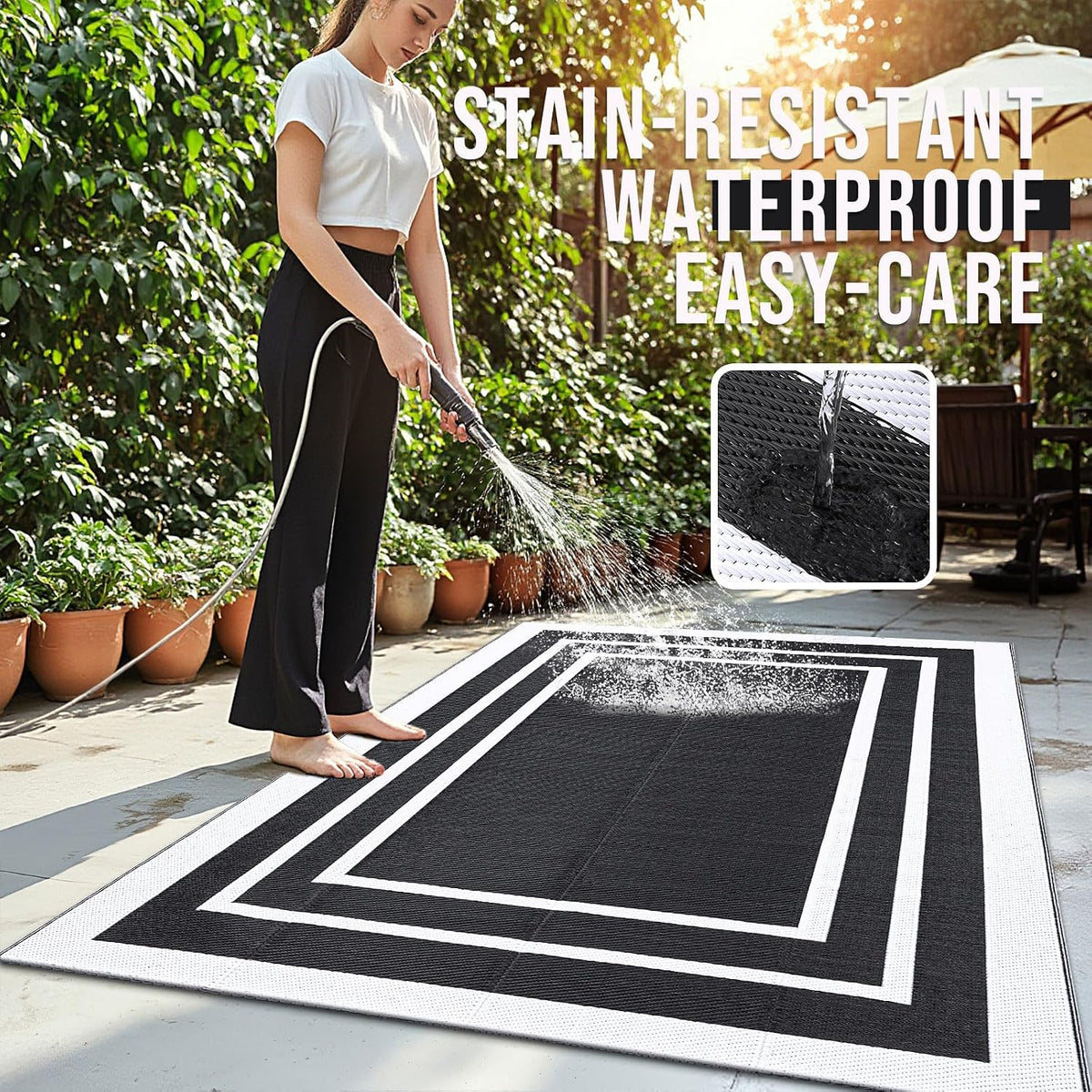 Outdoor Rug 240x300cm Waterproof Black White Patio Garden Carpet Homaxy