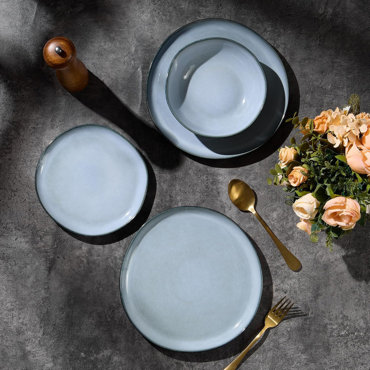 Stoneware Dinner Set 16 Piece Service for 6 Lakeside Mist Blue Joyfair Tableware