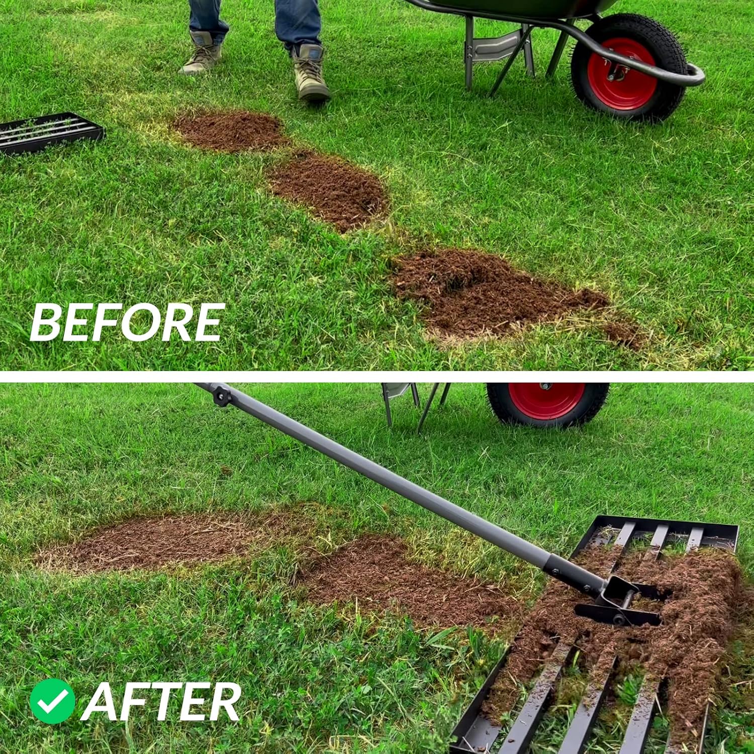 Before and after comparison of lawn maintenance with a tool on grass.