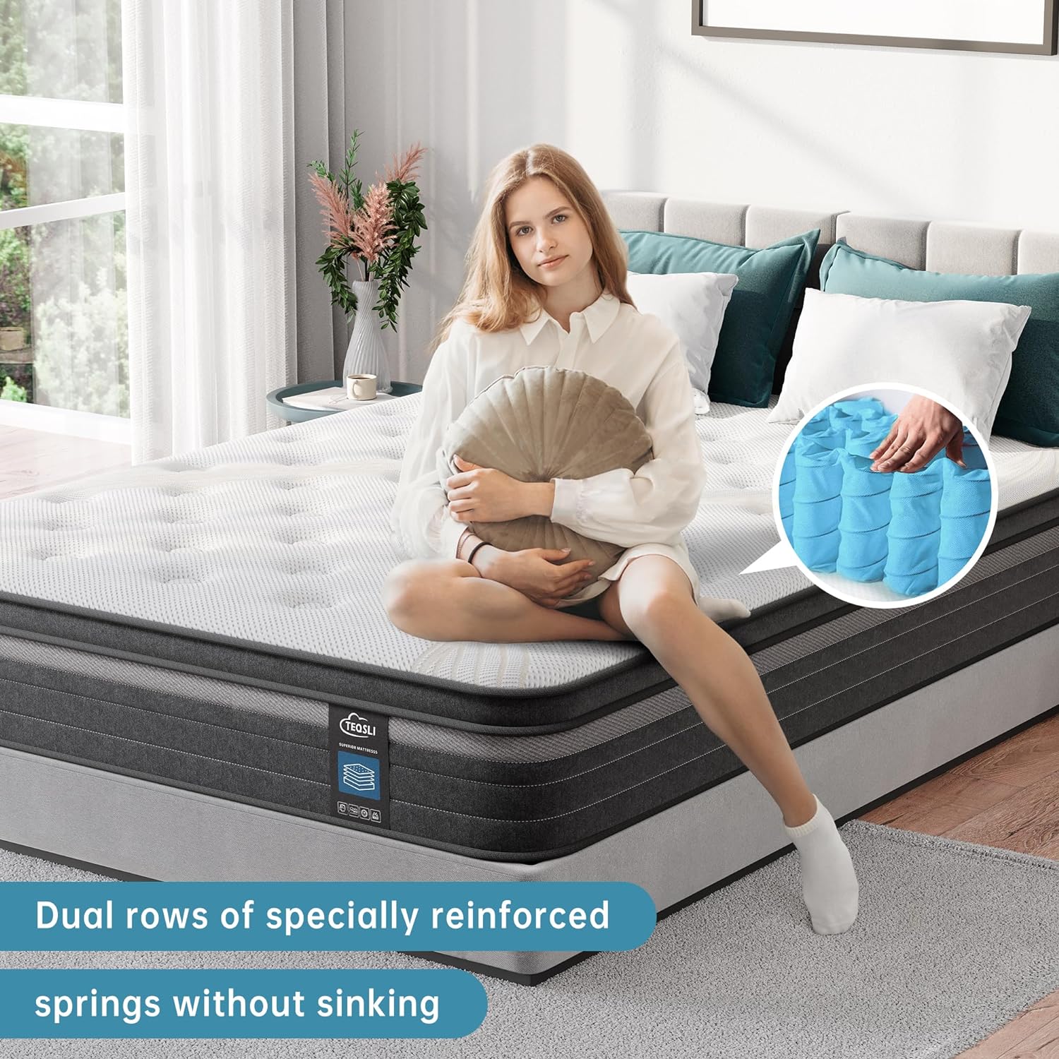 TeQsli Gel Pocket Sprung Single Mattress 3FT, 10" Hybrid Medium Firm, 90x190cm