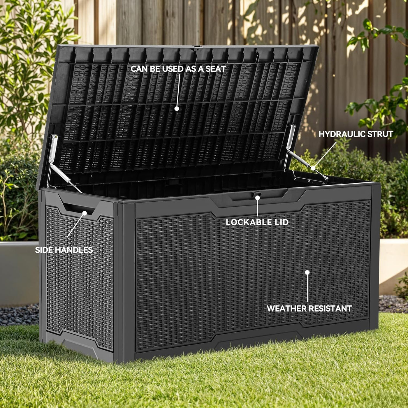 Deck Storage Box 100 Gallon Resin Weather Resistant Lockable Black YITAHOME