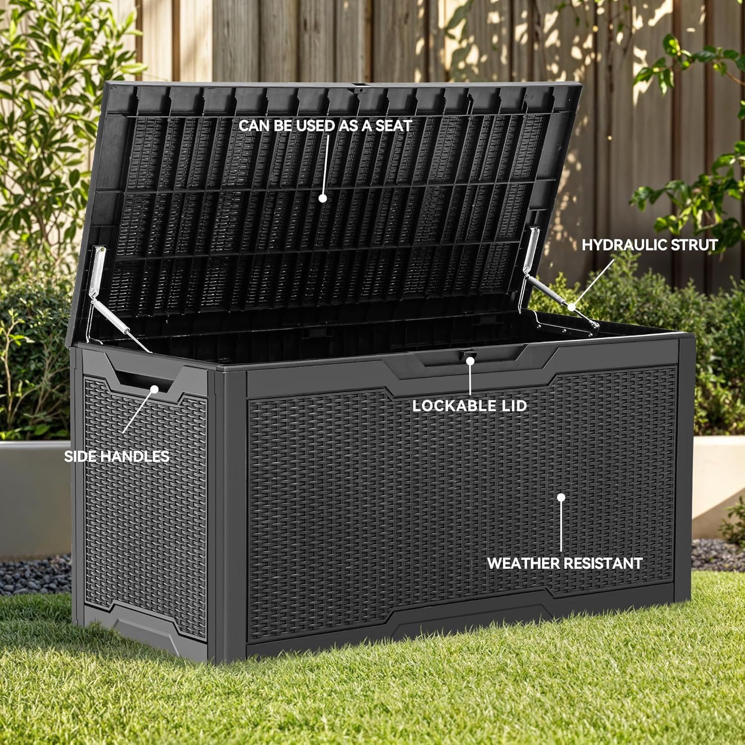 Deck Storage Box 100 Gallon Resin Weather Resistant Lockable Black YITAHOME