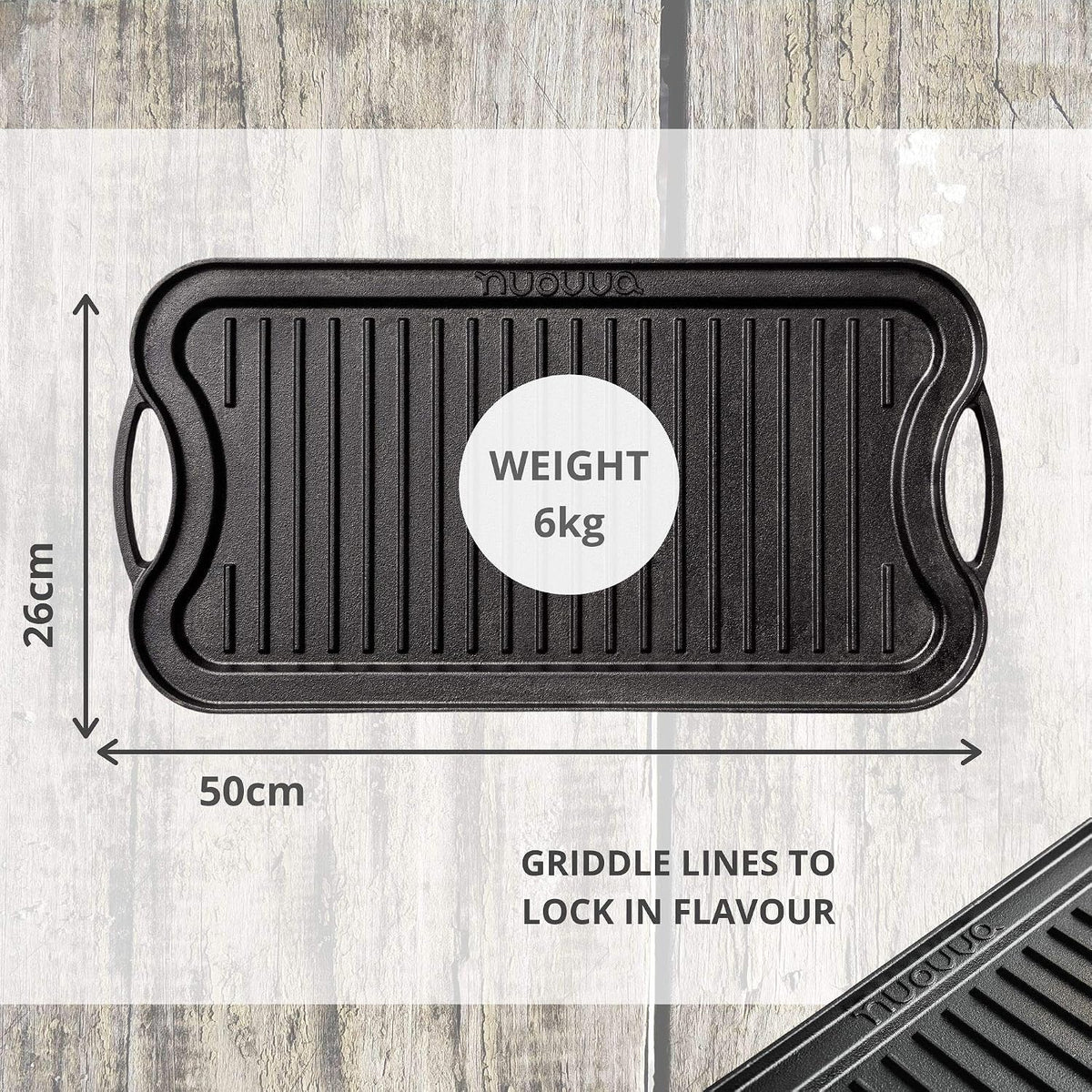 Cast Iron Griddle Pan 50x25cm Double Sided Pre Seasoned Gas Hob BBQ Grill nuovva