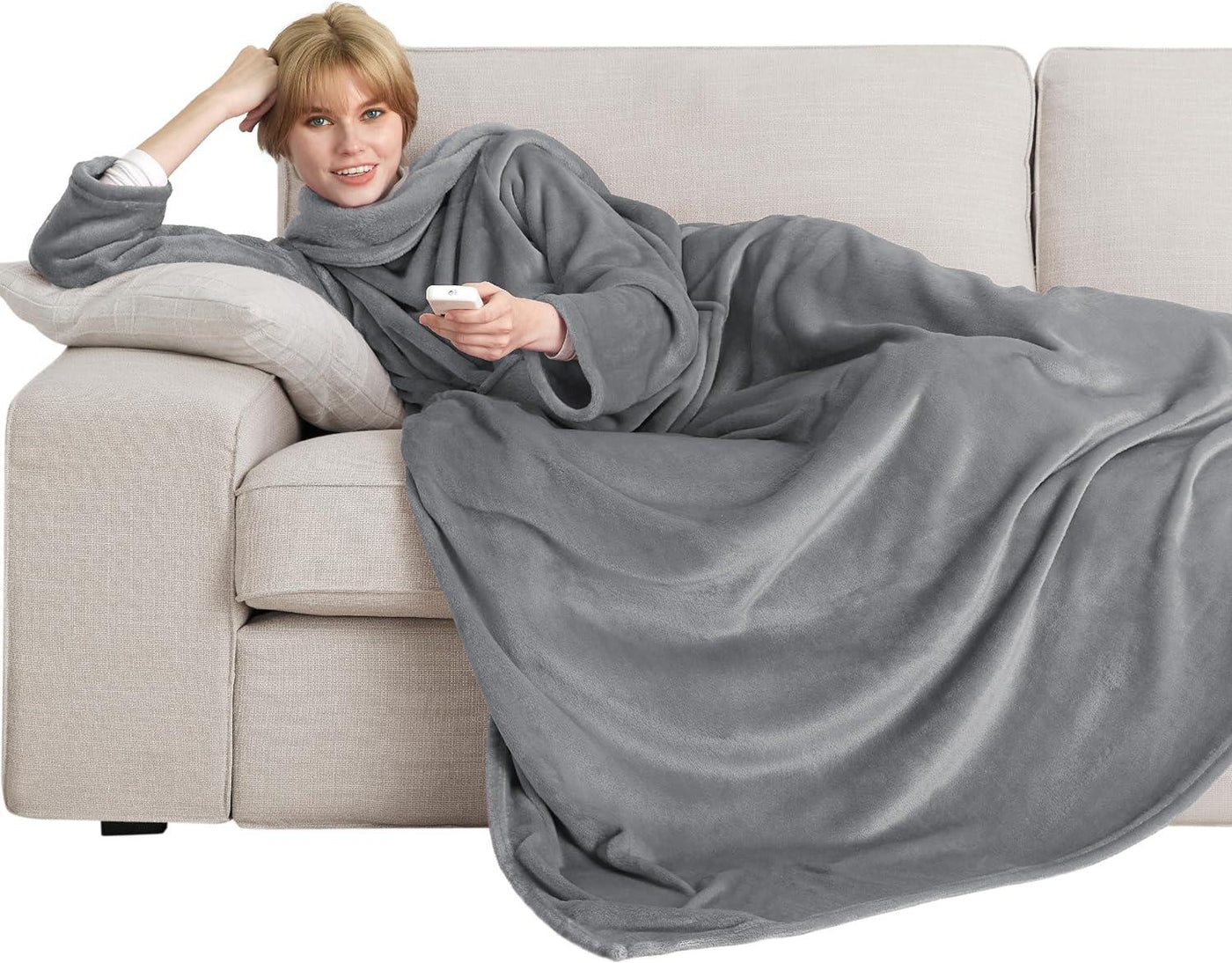 Wearable Blanket with Sleeves Grey Fluffy Plush Slankets 170x200cm - Massive Discounts