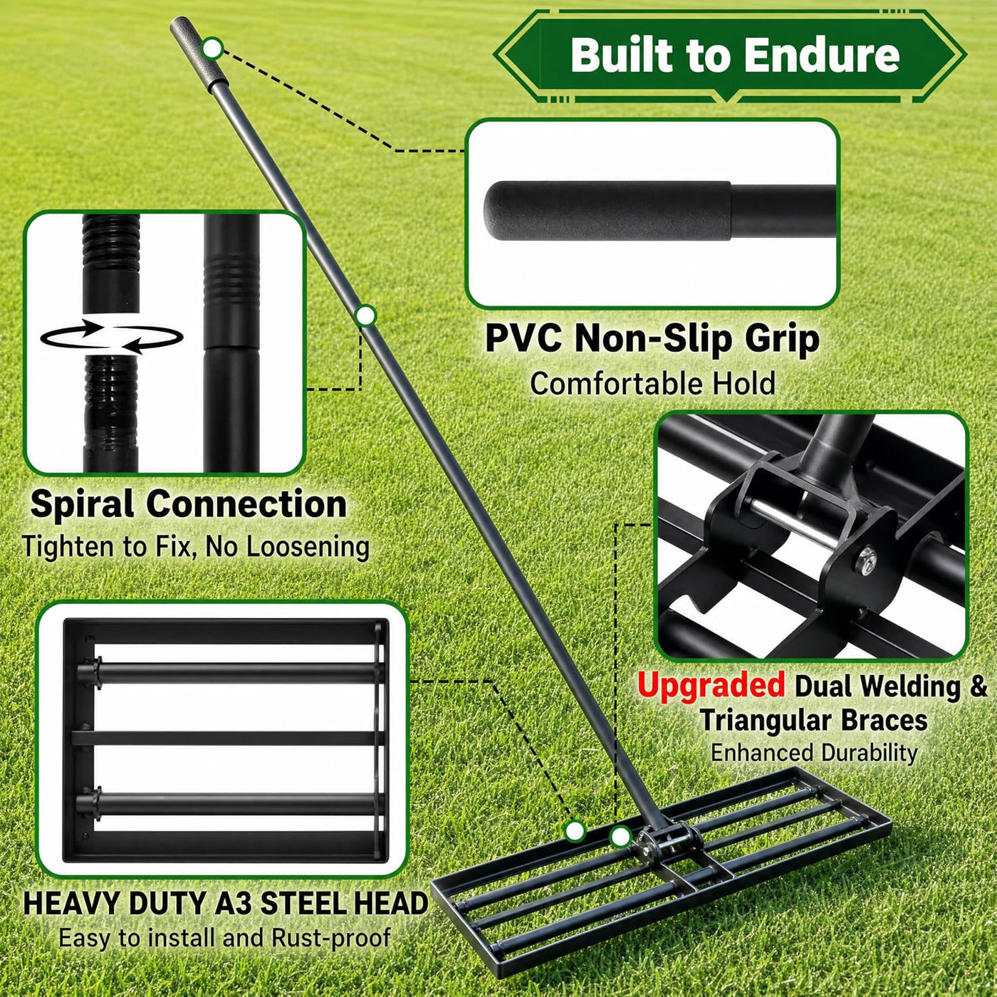 Lawn Levelling Rake 76x25cm Rolling Head 207cm Adjustable Handle A3 Steel Garden