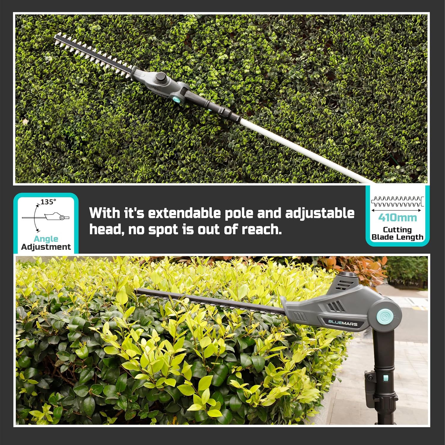 Gardening tool with extendable pole and adjustable head used to trim hedges.