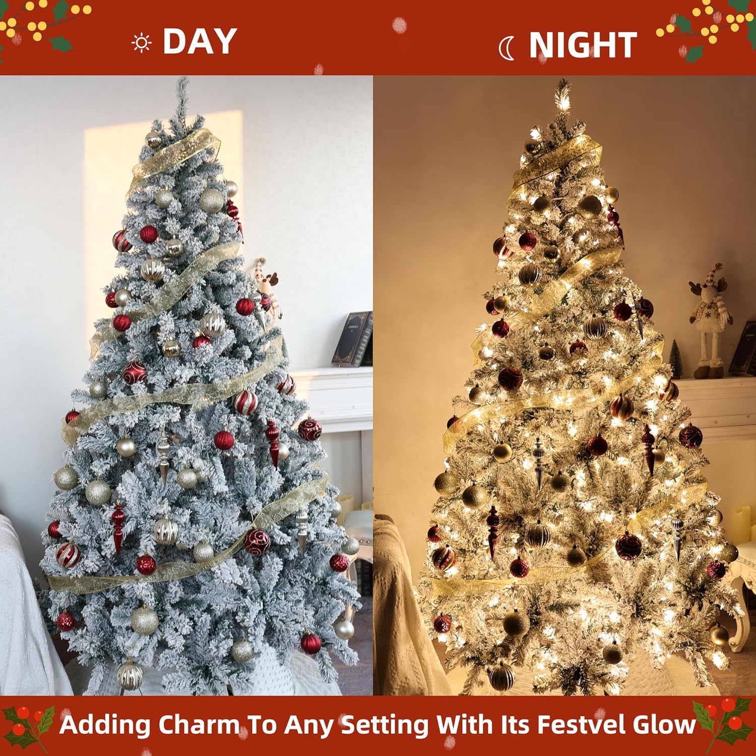 Asinse 6ft Pre-Lit Snow Flocked Christmas Tree with 350 Warm LED Lights - Hinged