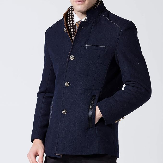 Navy blue coat with button details on a white background