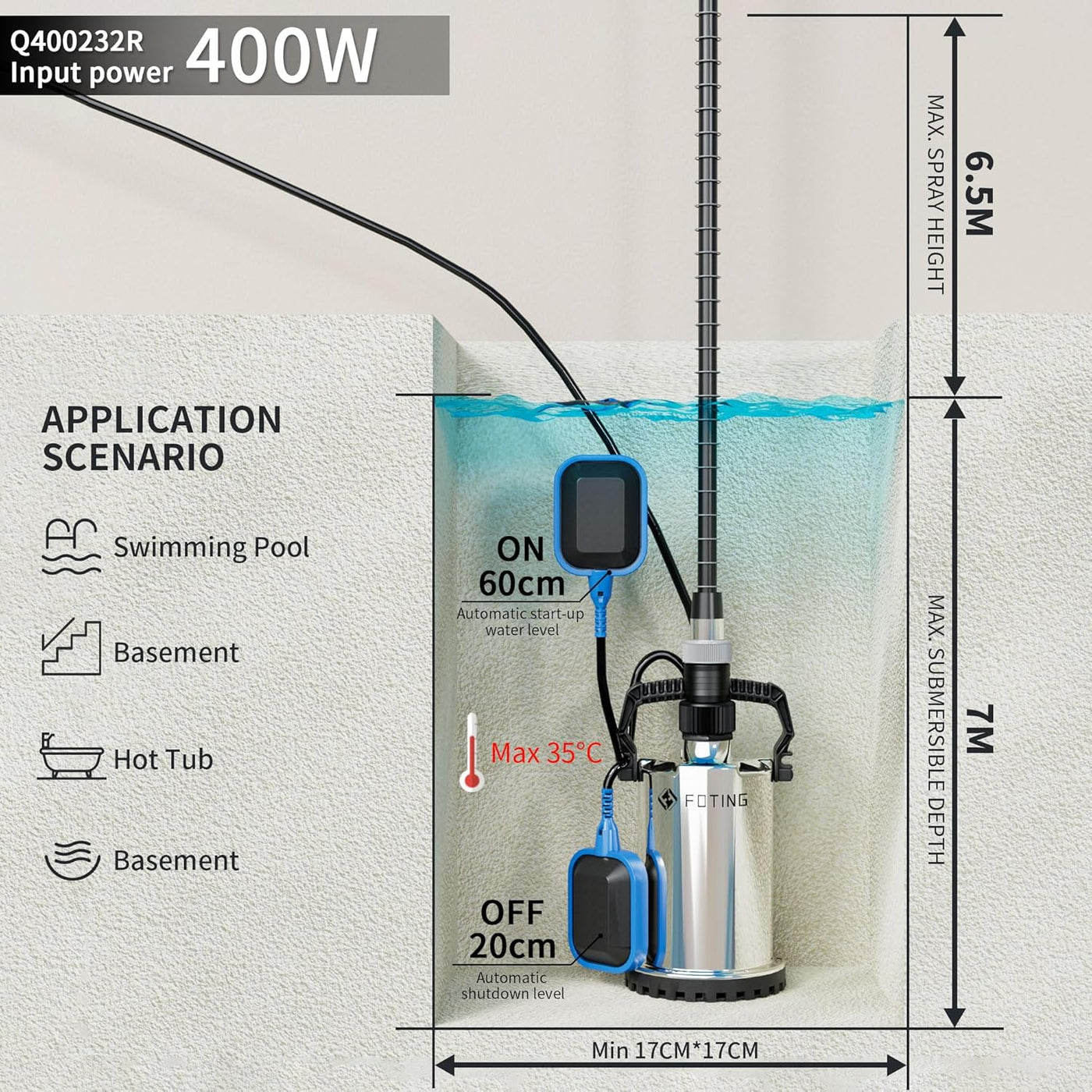 Submersible Water Pump 400W 8250L/H Stainless Steel Float Switch FOTING