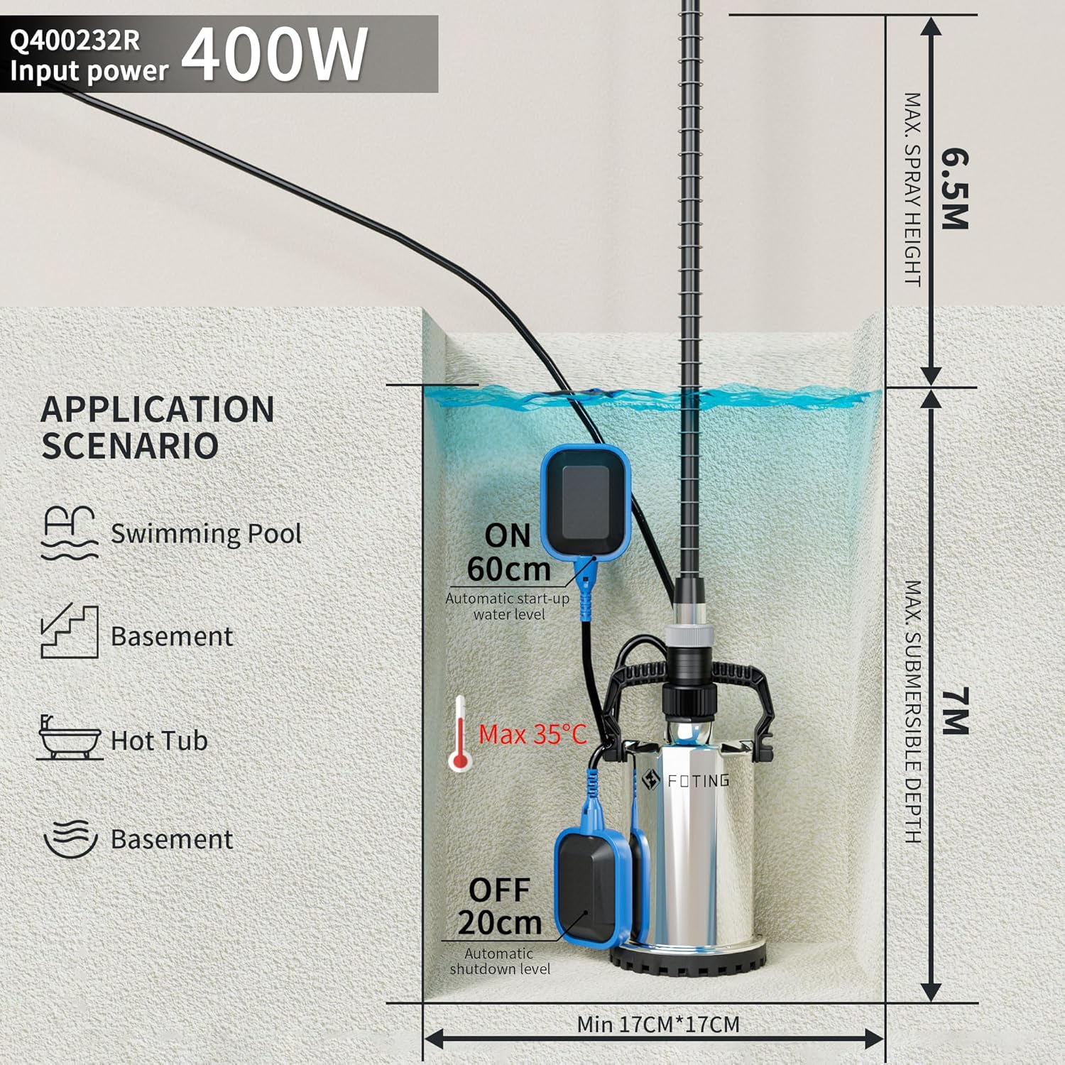 Submersible Water Pump 400W 8250L/H Stainless Steel Float Switch FOTING