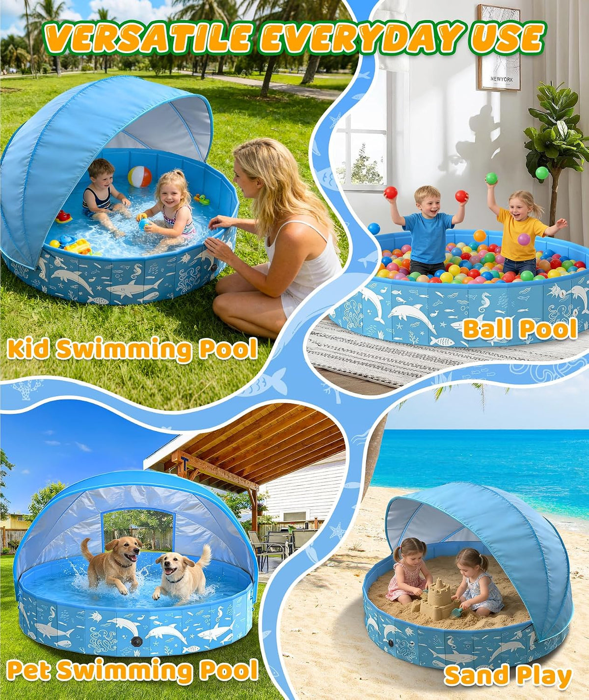 Foldable Dog Pool 140x30cm Canopy UV Sun Protection Outdoor Pet Paddling EPN