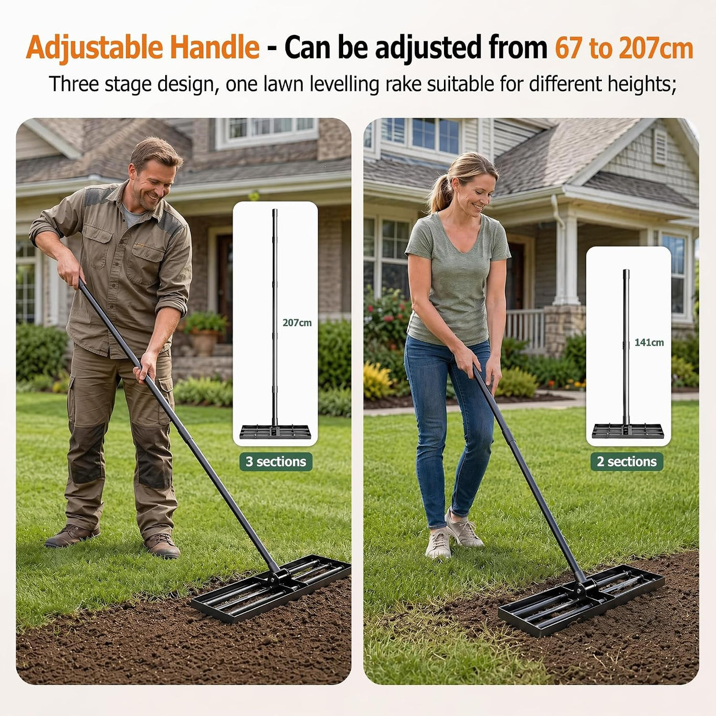 Lawn Levelling Rake 76x25cm Rolling Head 207cm Adjustable Handle A3 Steel Garden