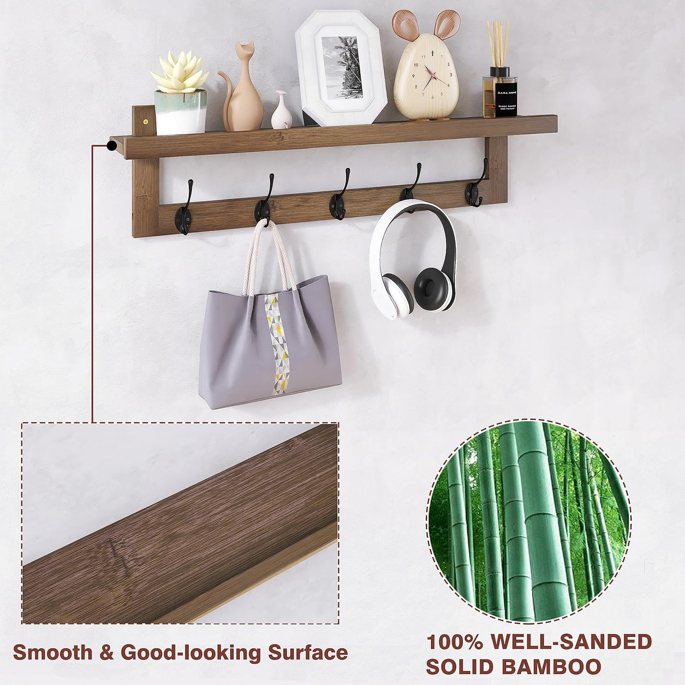 Wooden wall shelf with hooks, decorative items, and close-up of bamboo, on a white background.