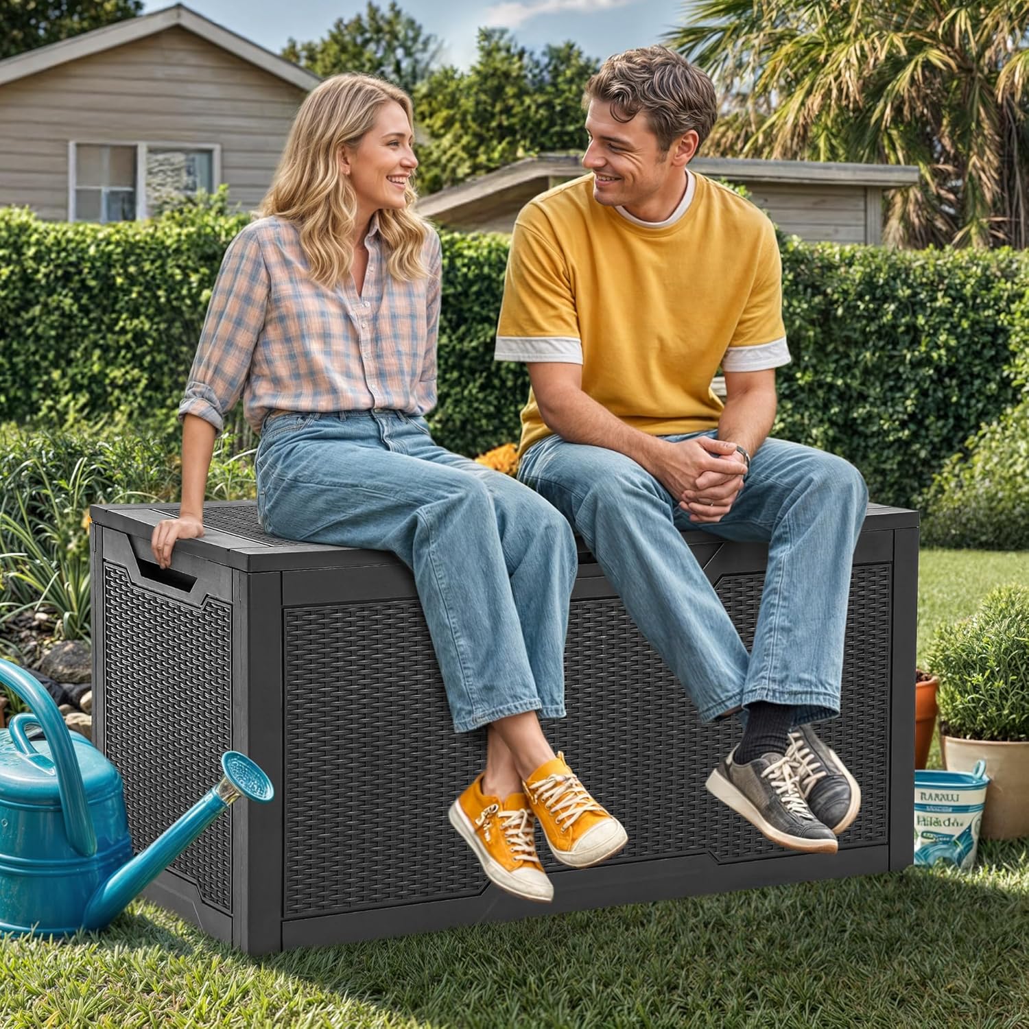 Deck Storage Box 100 Gallon Resin Weather Resistant Lockable Black YITAHOME