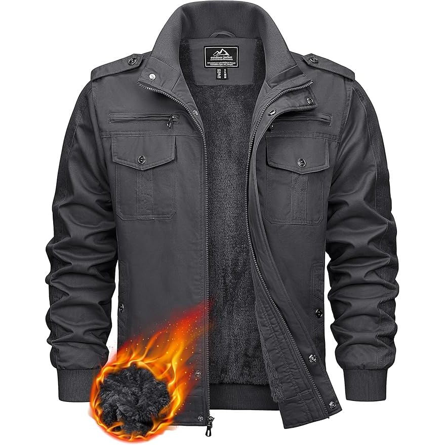 Dark gray jacket with flame graphic on a white background