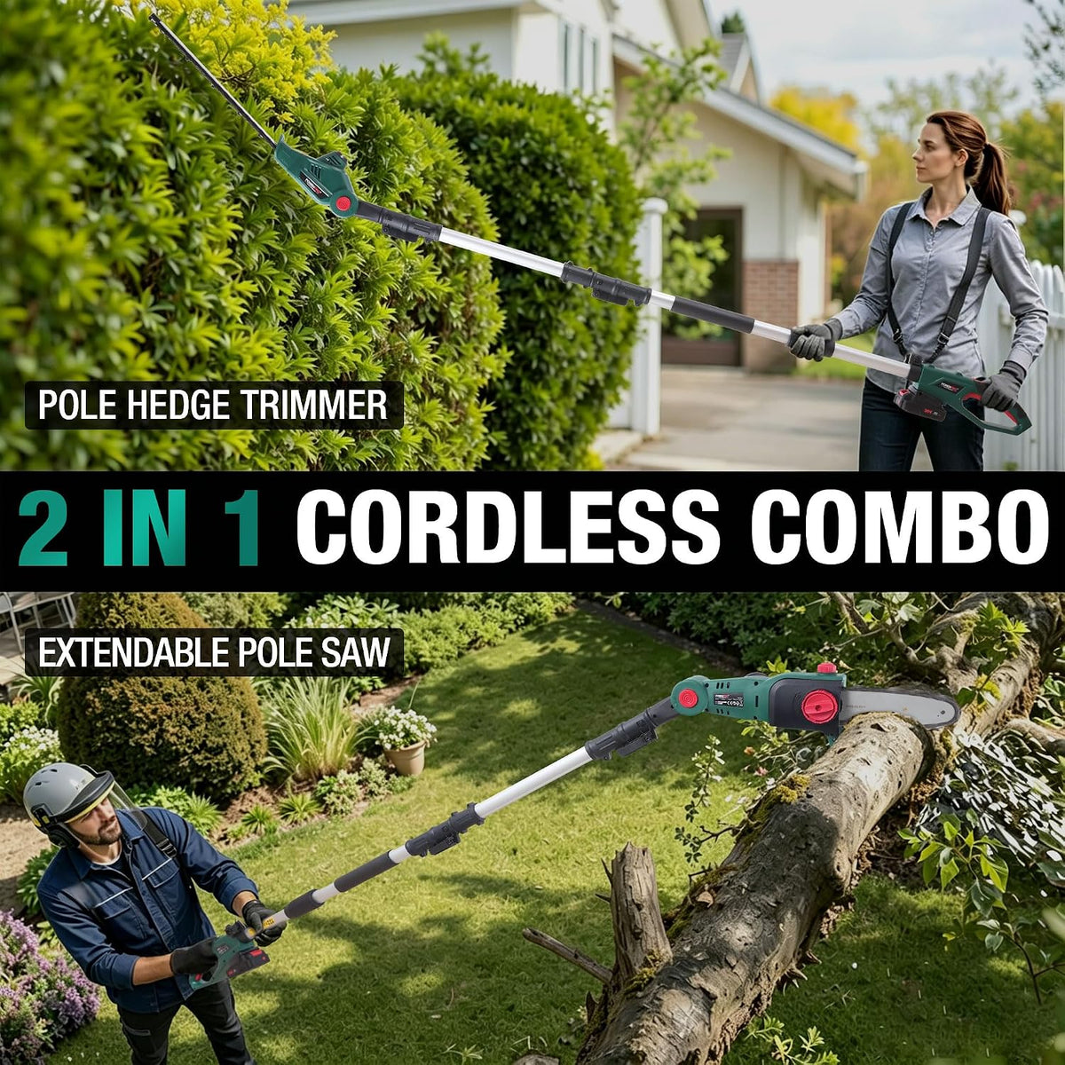 Cordless Pole Saw Hedge Trimmer 20V 2 in 1 2x2.0Ah Batteries POSENPRO Garden Tool