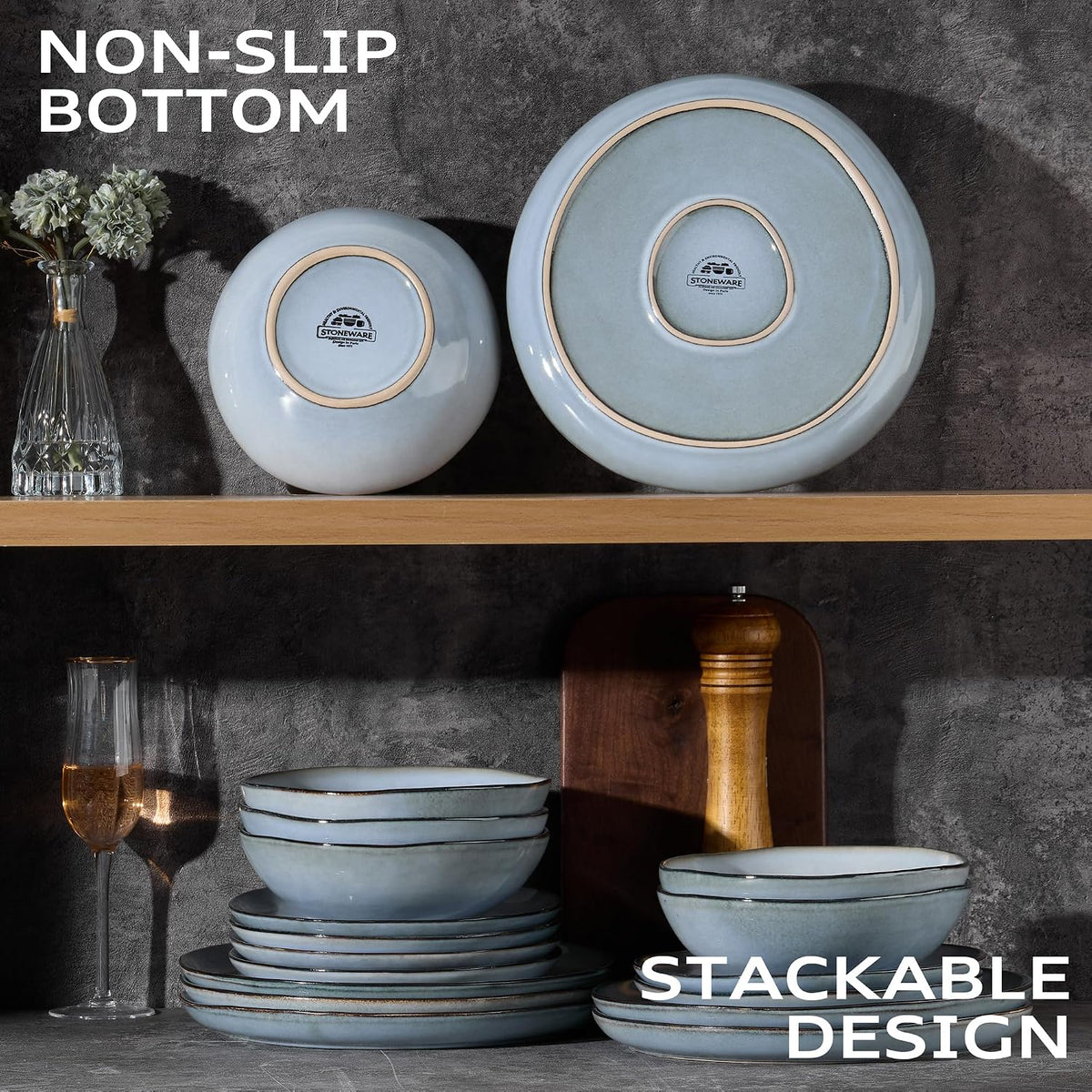 Stoneware Dinner Set 16 Piece Service for 6 Lakeside Mist Blue Joyfair Tableware