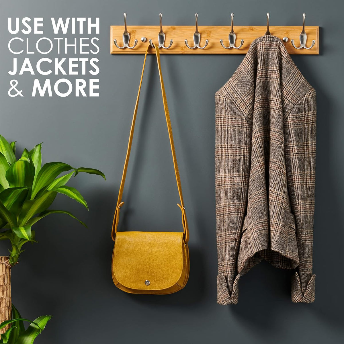Wall Mounted Coat Rack 59cm Wooden 6 Matt Nickel Hooks Hallway Storage LARHN