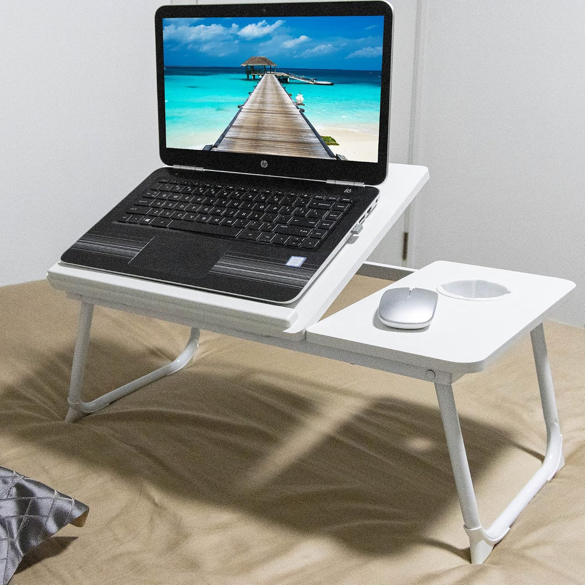Laptop Bed Table Foldable Legs Cup Slot Reading Notebook Stand White Desk Tray