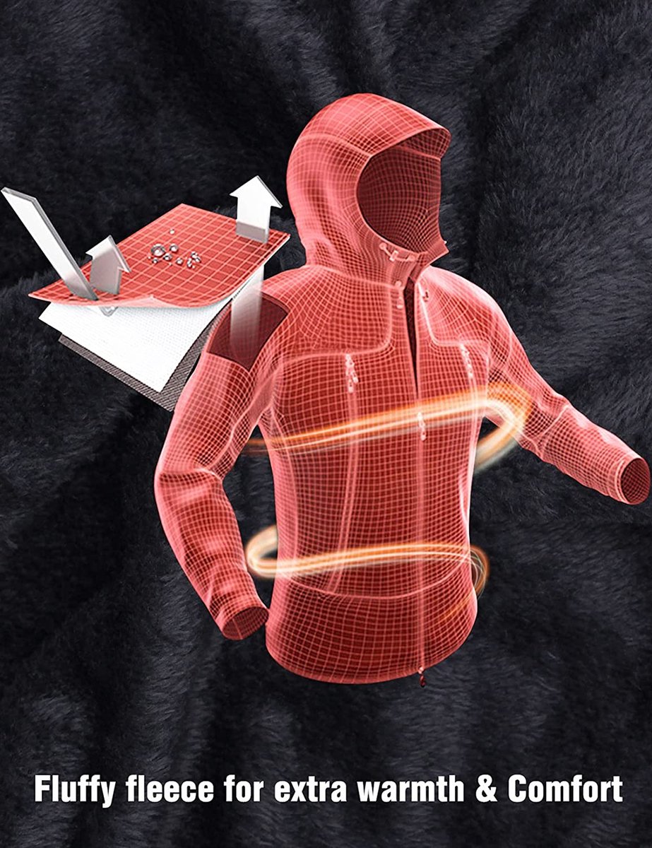 Red hoodie with glowing lines on a black background, labeled 'Fluffy fleece for extra warmth & comfort'.