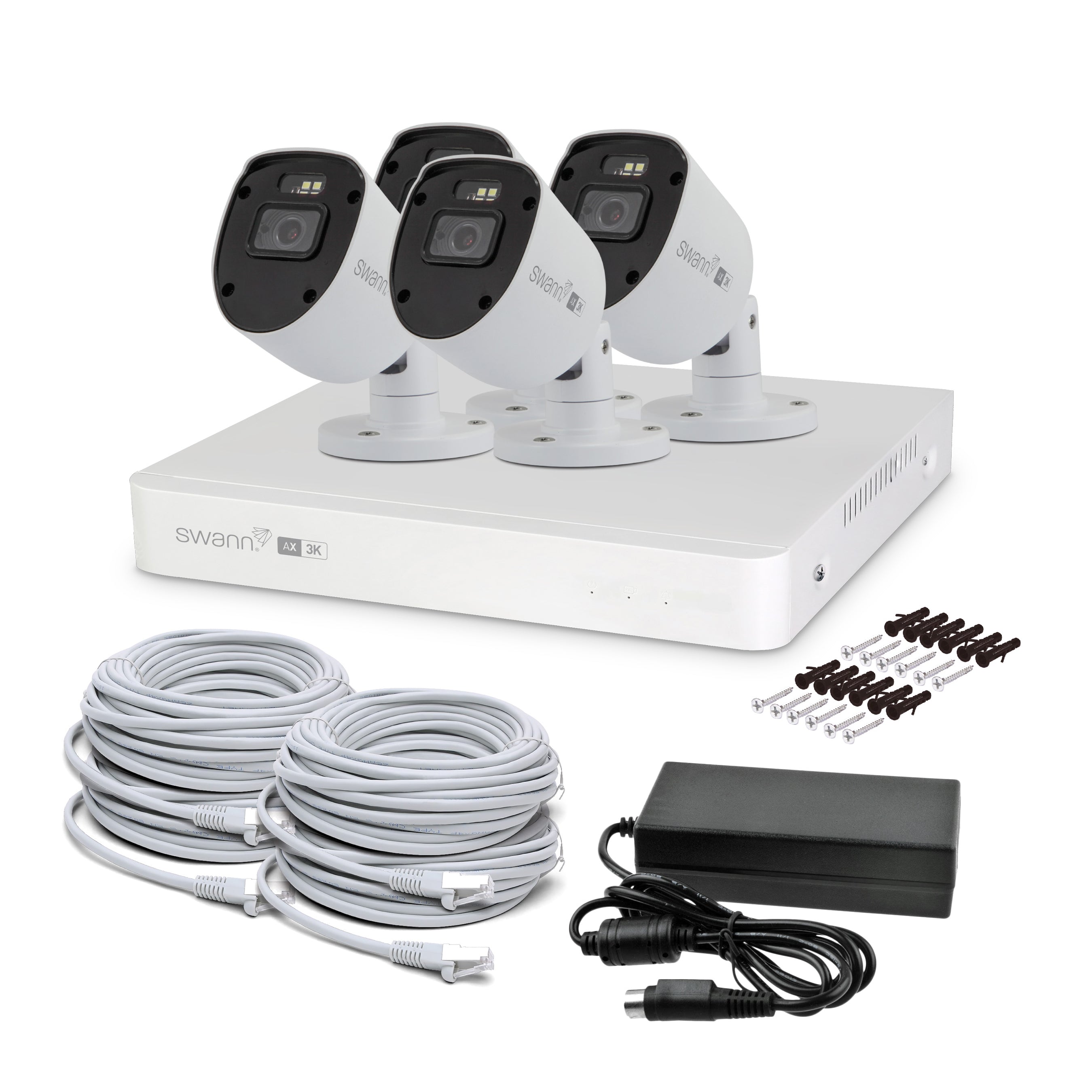 Security camera system with four cameras, a DVR, cables, and accessories on a white background.