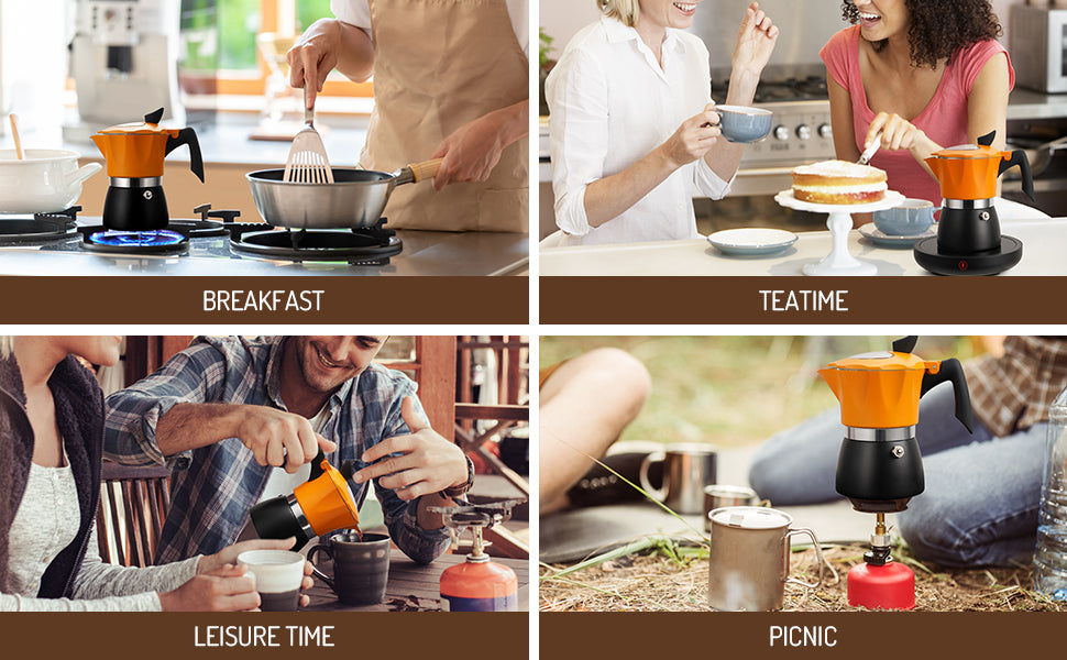 Stovetop Coffee Maker Italian Espresso Moka Pot Transparent Lid Orange TWOMEOW