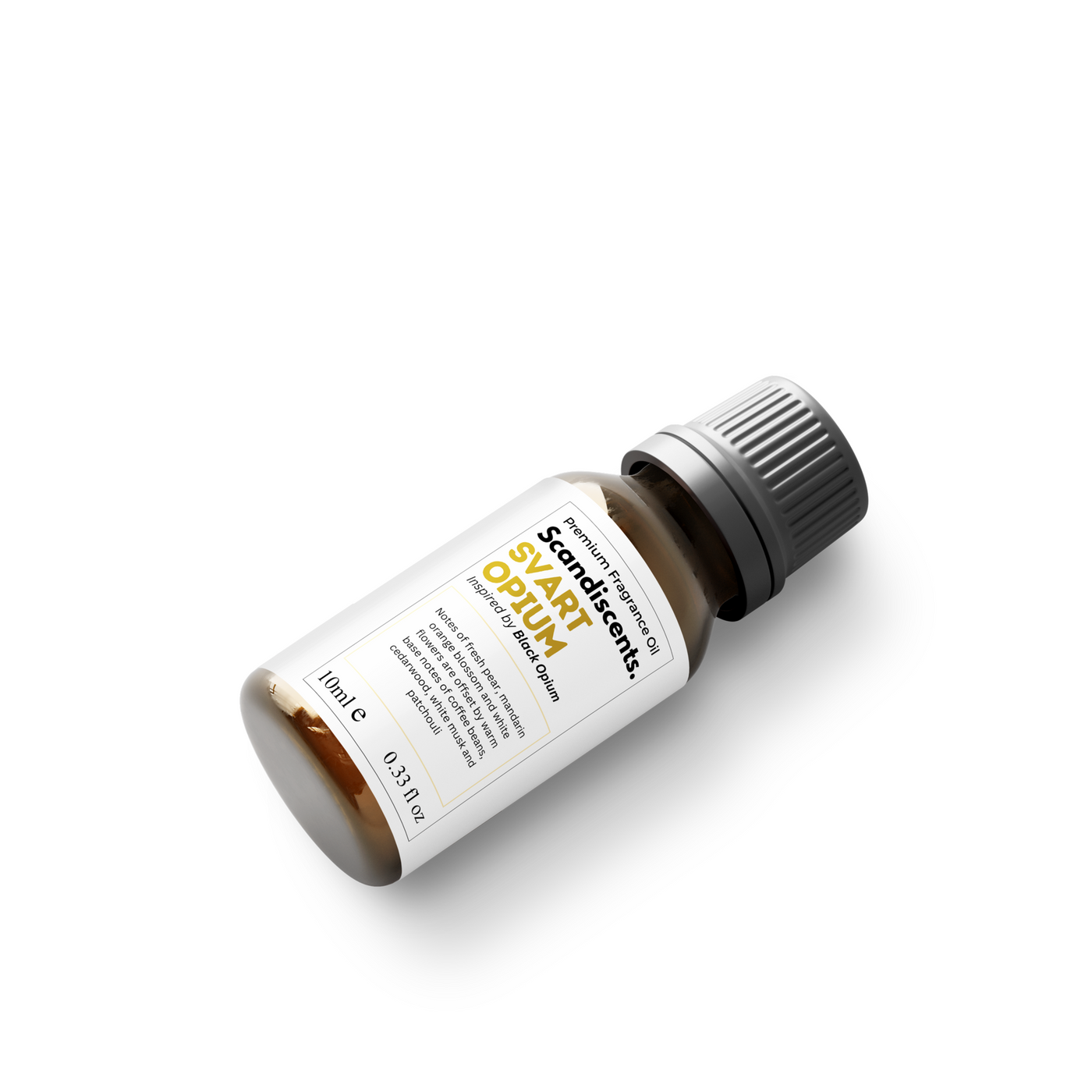 Bottle of Scandia Vetiver Opium essential oil on a white background