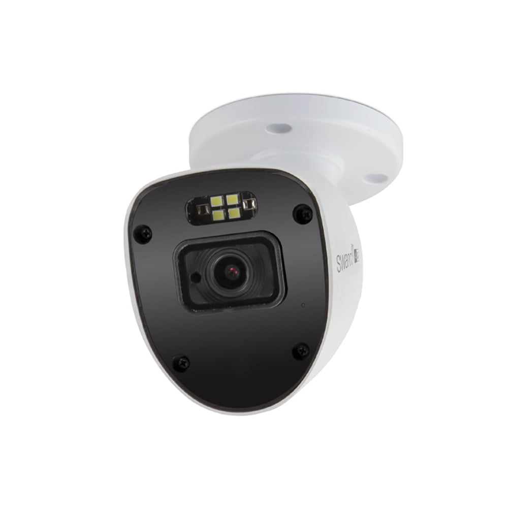 Security camera with white housing and black lens on a white background