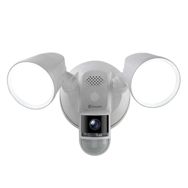 A white smart security floodlight with two adjustable spotlight arms and a central motion sensor, shown against a plain white background.