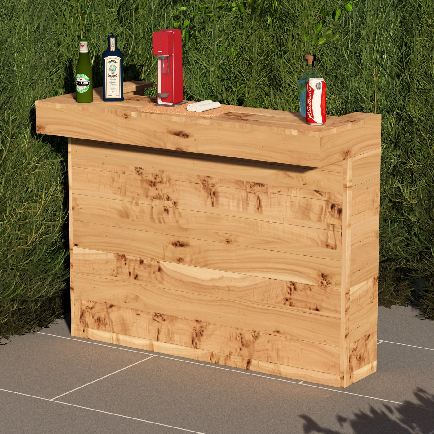 Wooden bar cart with drinks on a grassy background