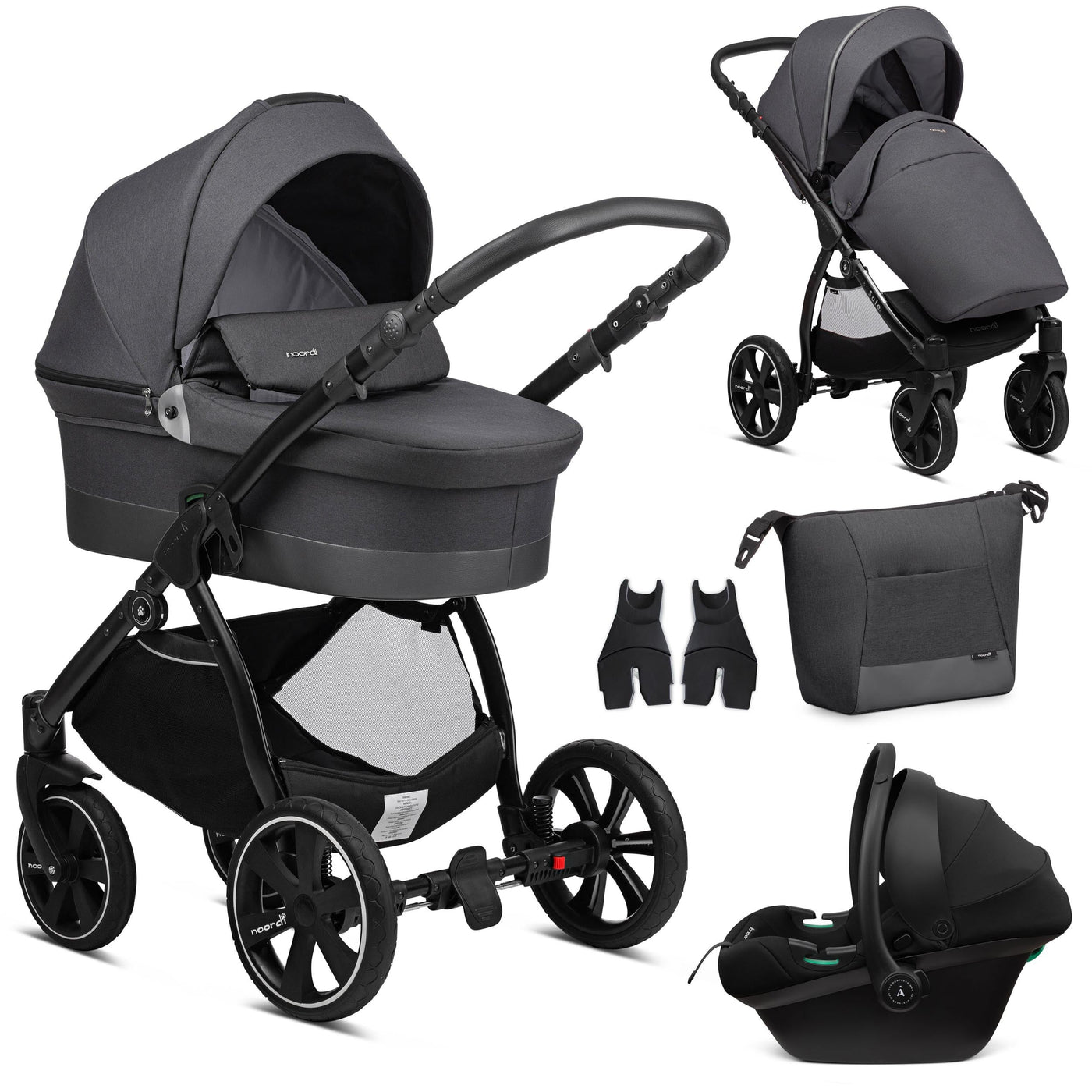 Collage of a black and gray stroller with accessories on a white background