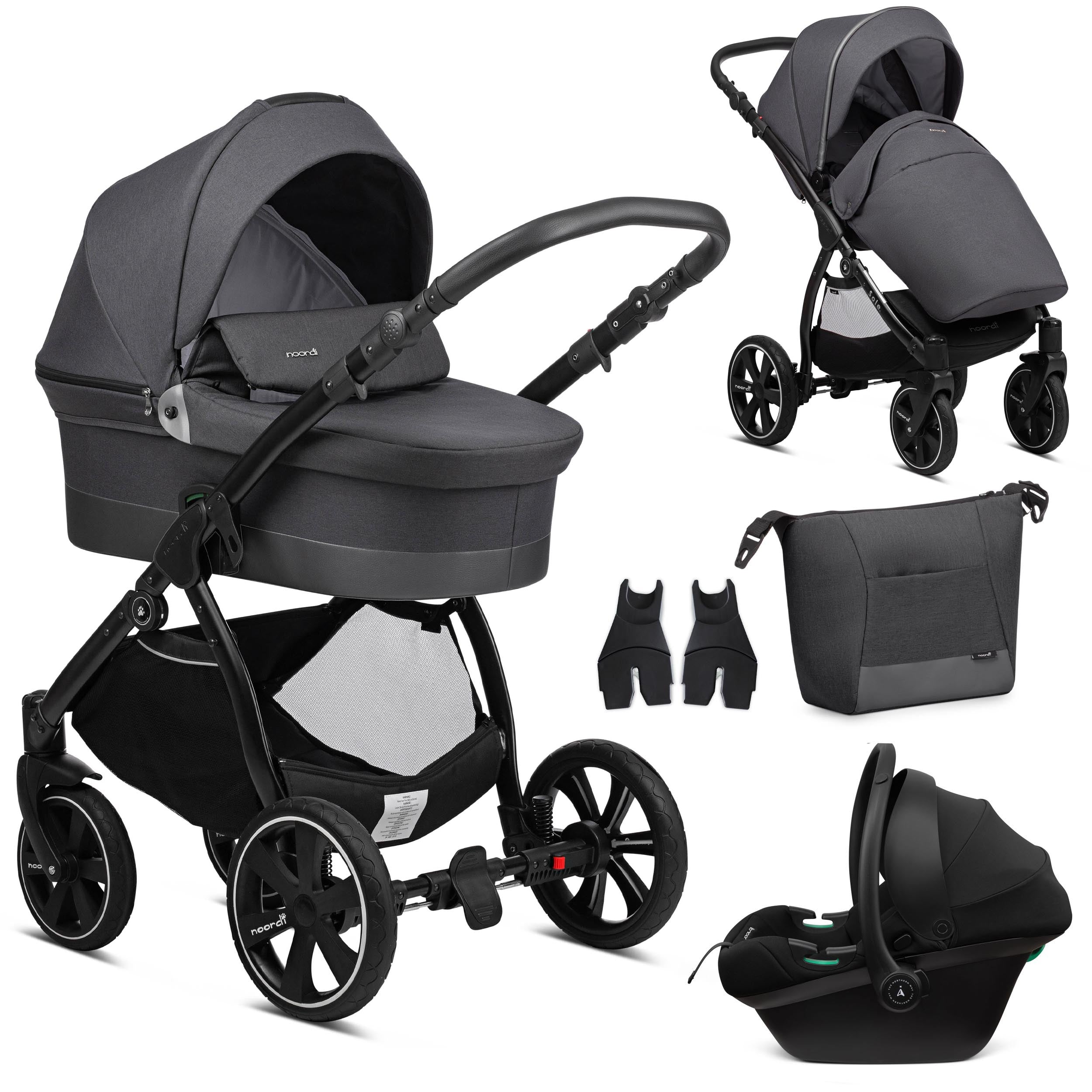 Collage of a black and gray stroller with accessories on a white background
