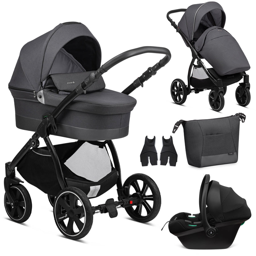Collage of a black and gray stroller with accessories on a white background