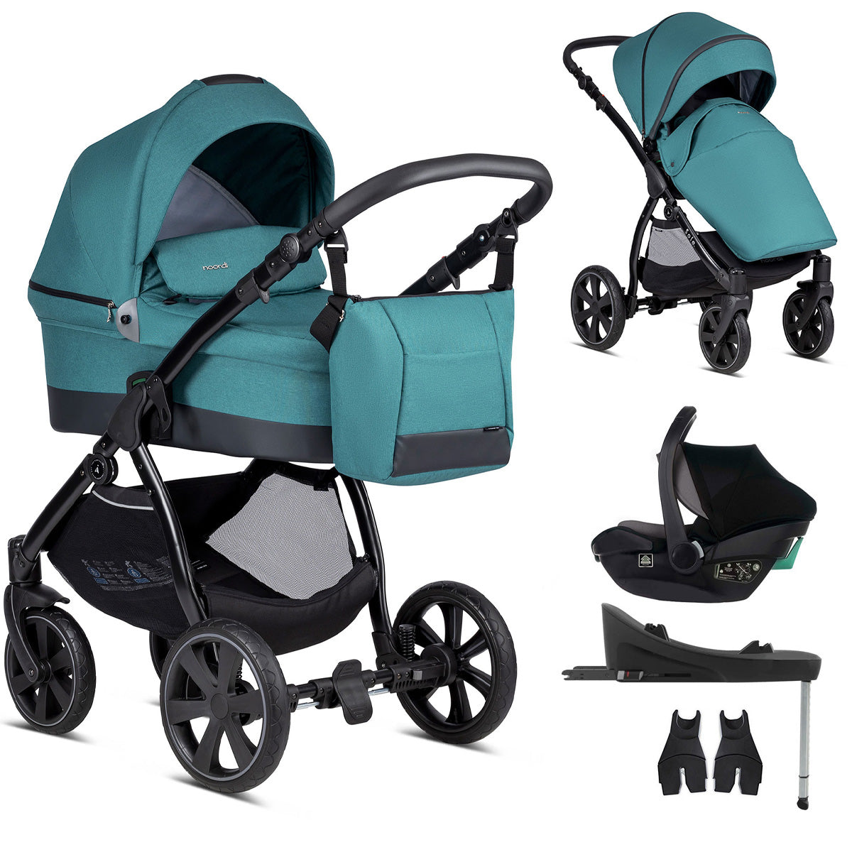 Teal and black stroller set with accessories on a white background