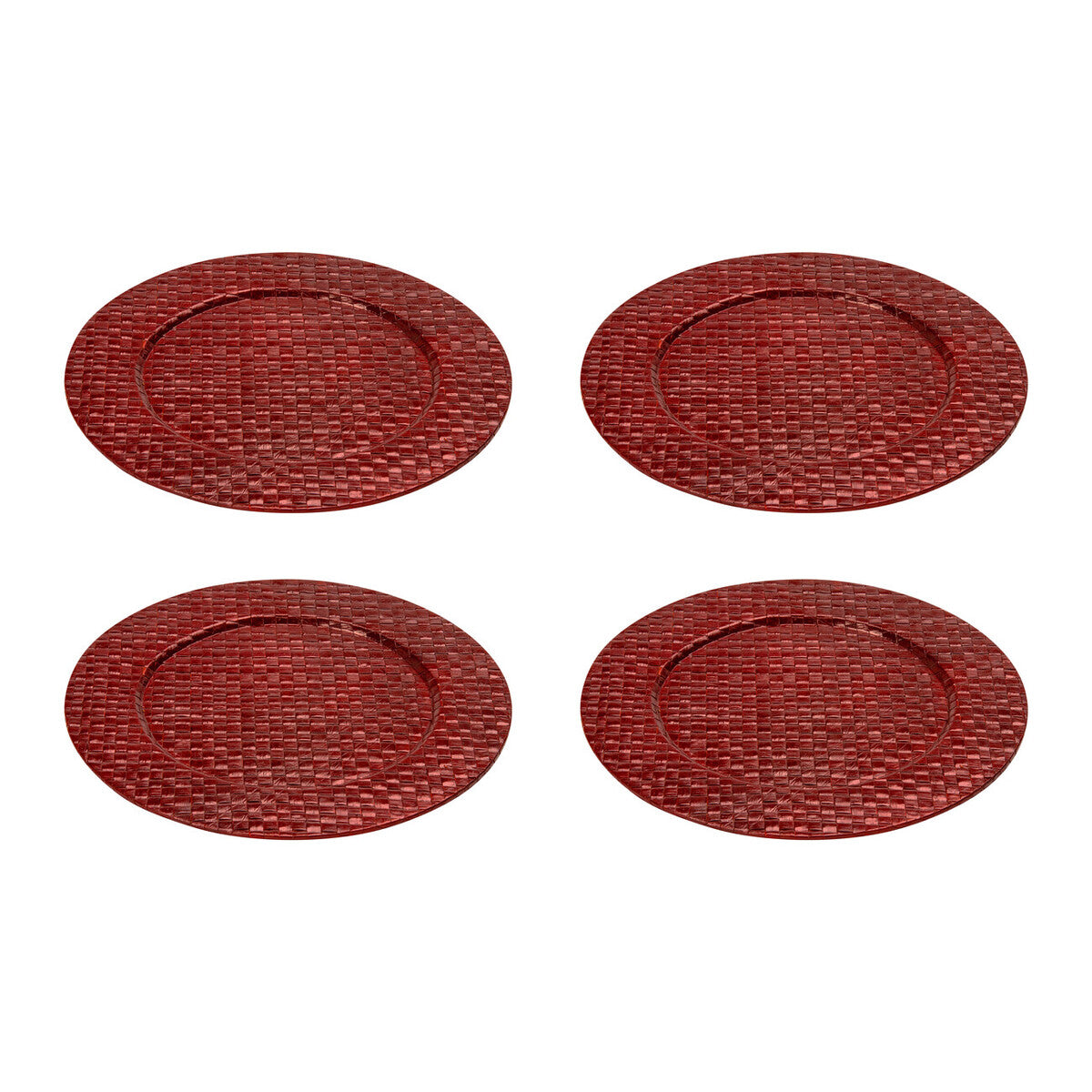 Four red woven placemats on a white background