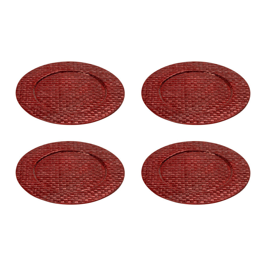 Four red woven placemats on a white background