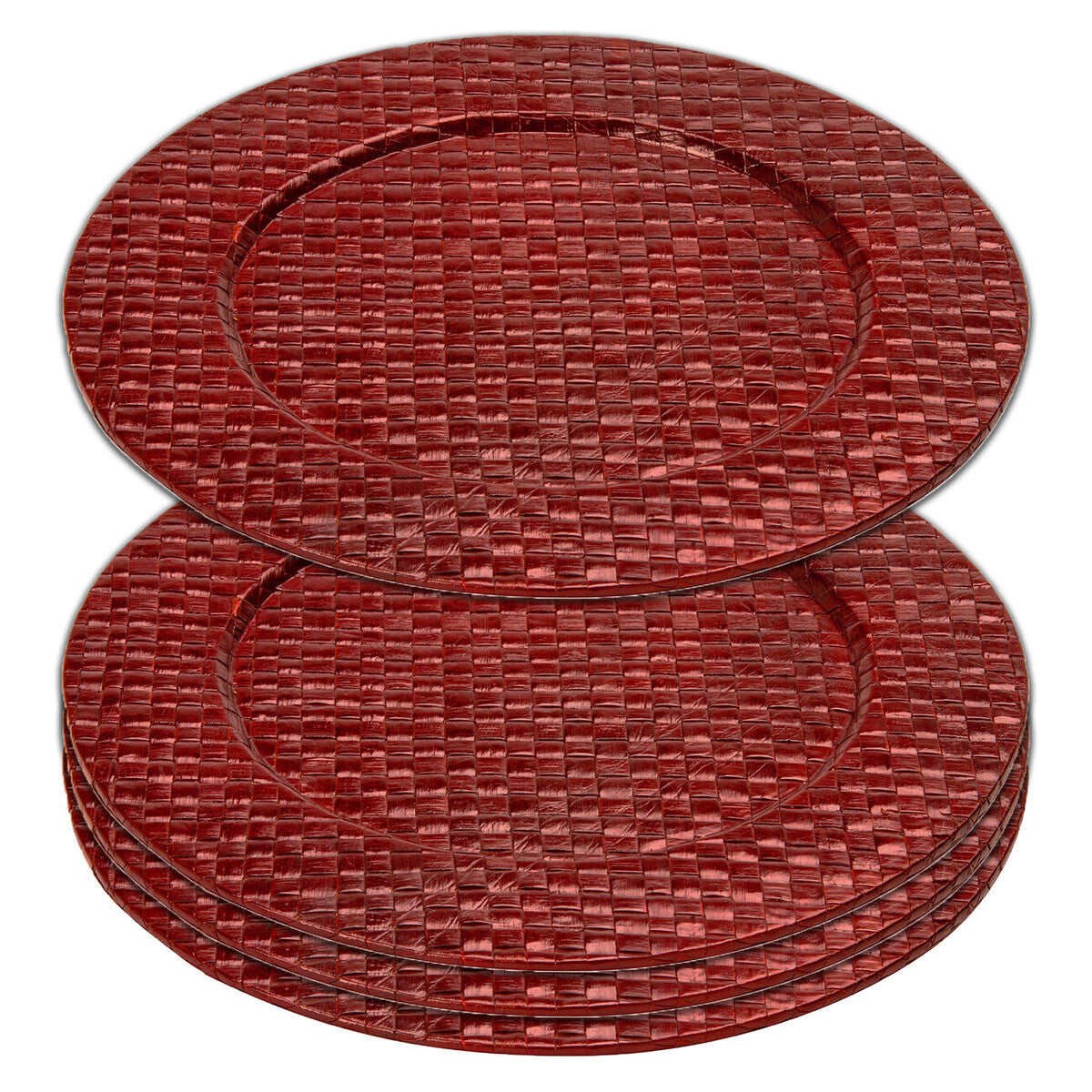 Set of red woven placemats on a white background
