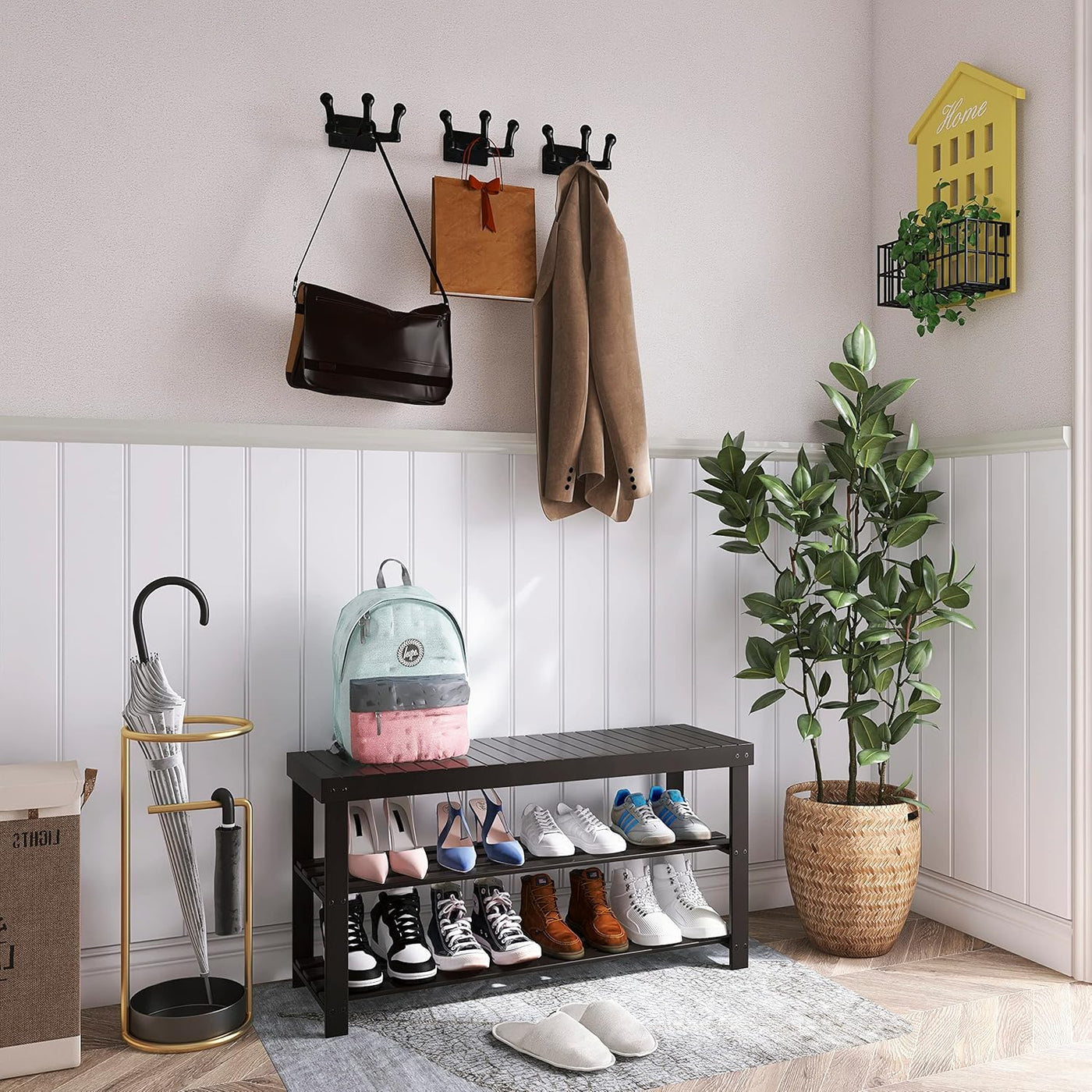 Shoe Rack Bench 3 Tier Bamboo Storage Shelf Entryway Black SMIBUY