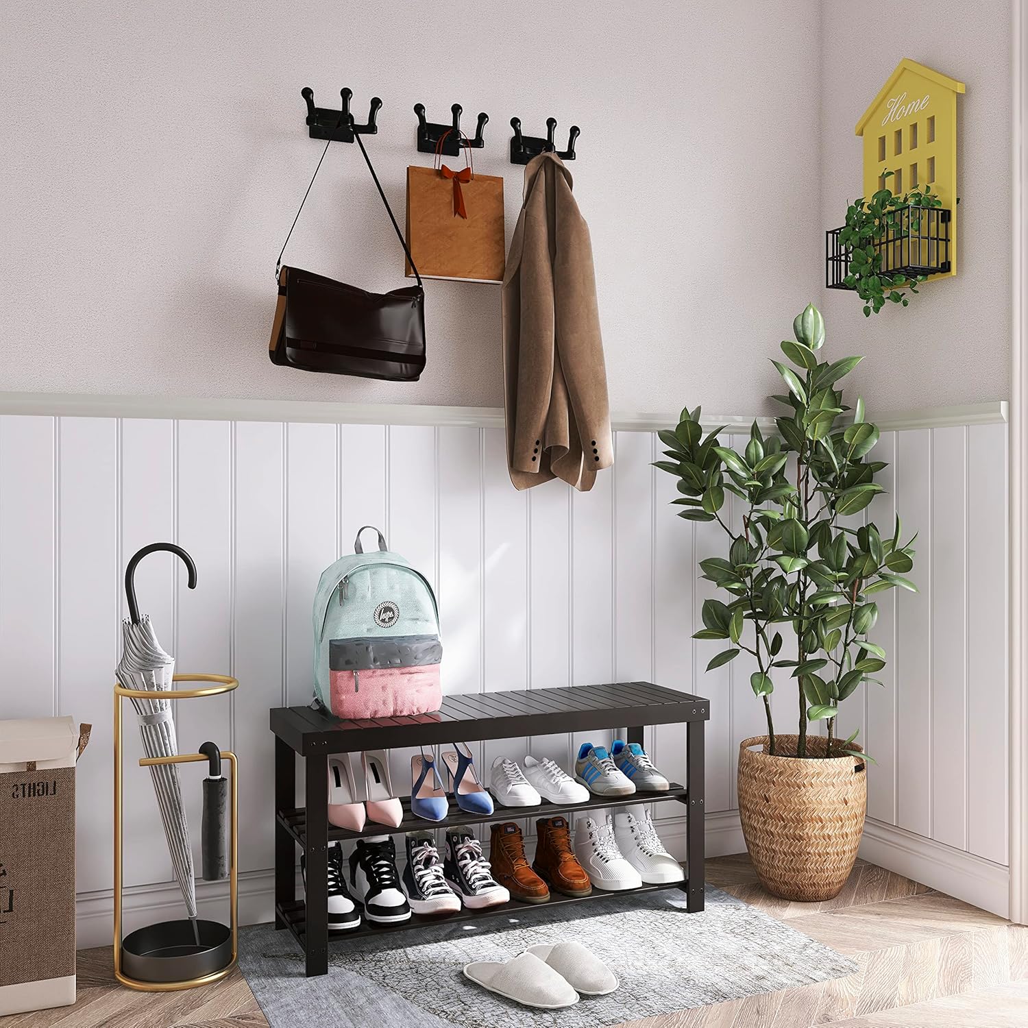 Shoe Rack Bench 3 Tier Bamboo Storage Shelf Entryway Black SMIBUY