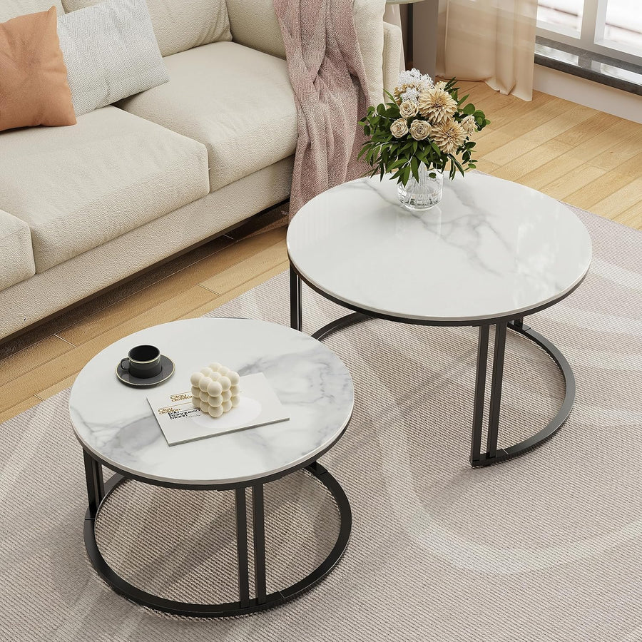 FATIVO Nesting Coffee Table Set of 2, White Marble Gloss Round Tables, 70/57cm