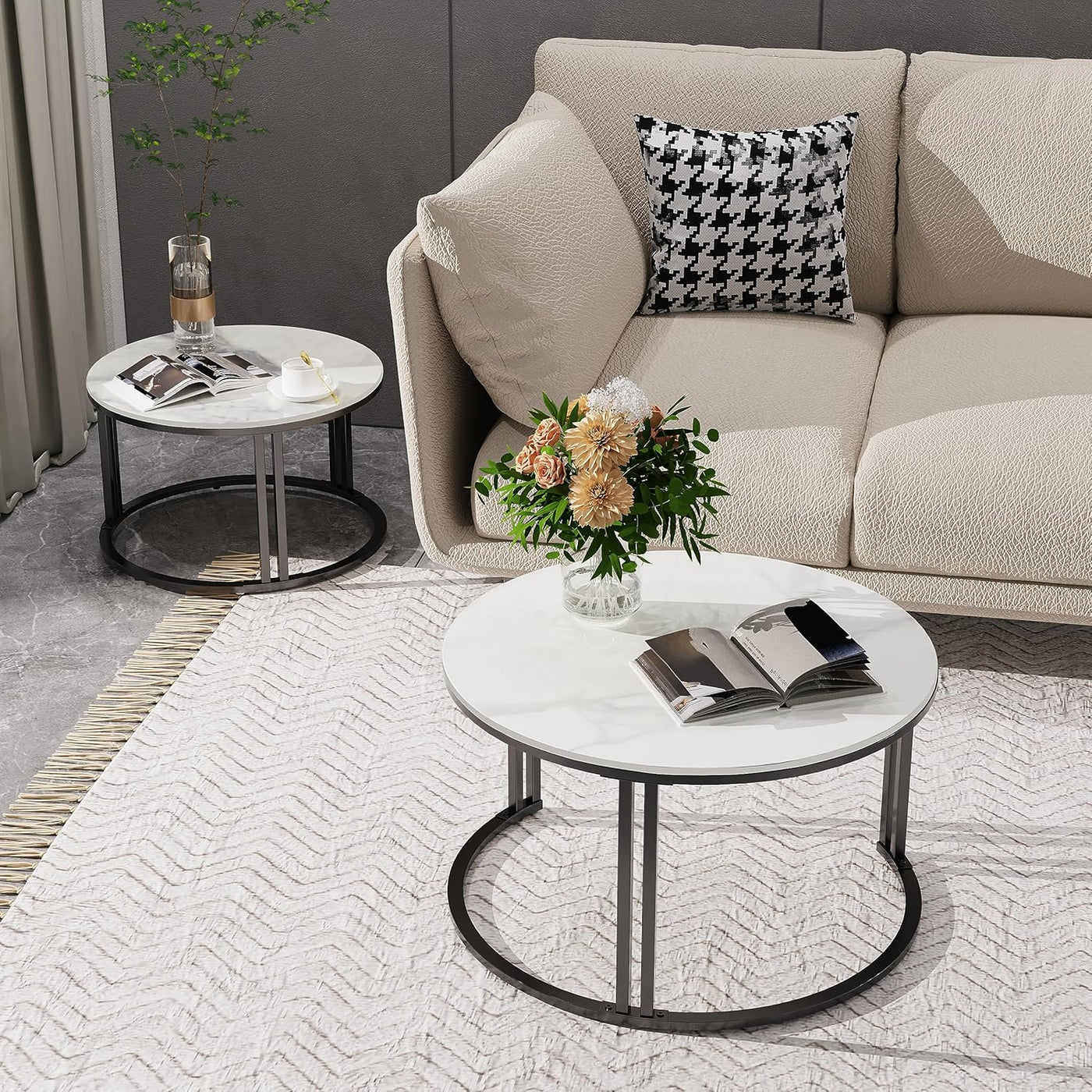 FATIVO Nesting Coffee Table Set of 2, White Marble Gloss Round Tables, 70/57cm