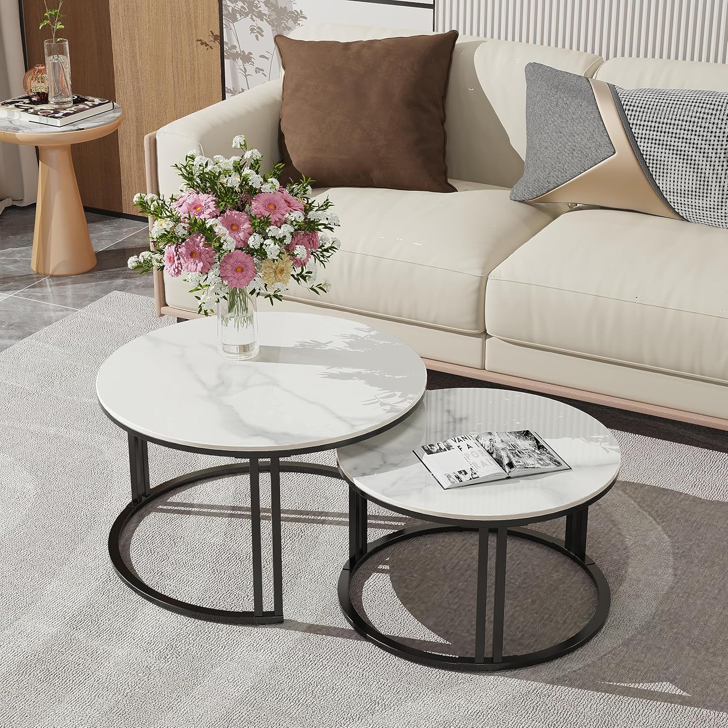 FATIVO Nesting Coffee Table Set of 2, White Marble Gloss Round Tables, 70/57cm