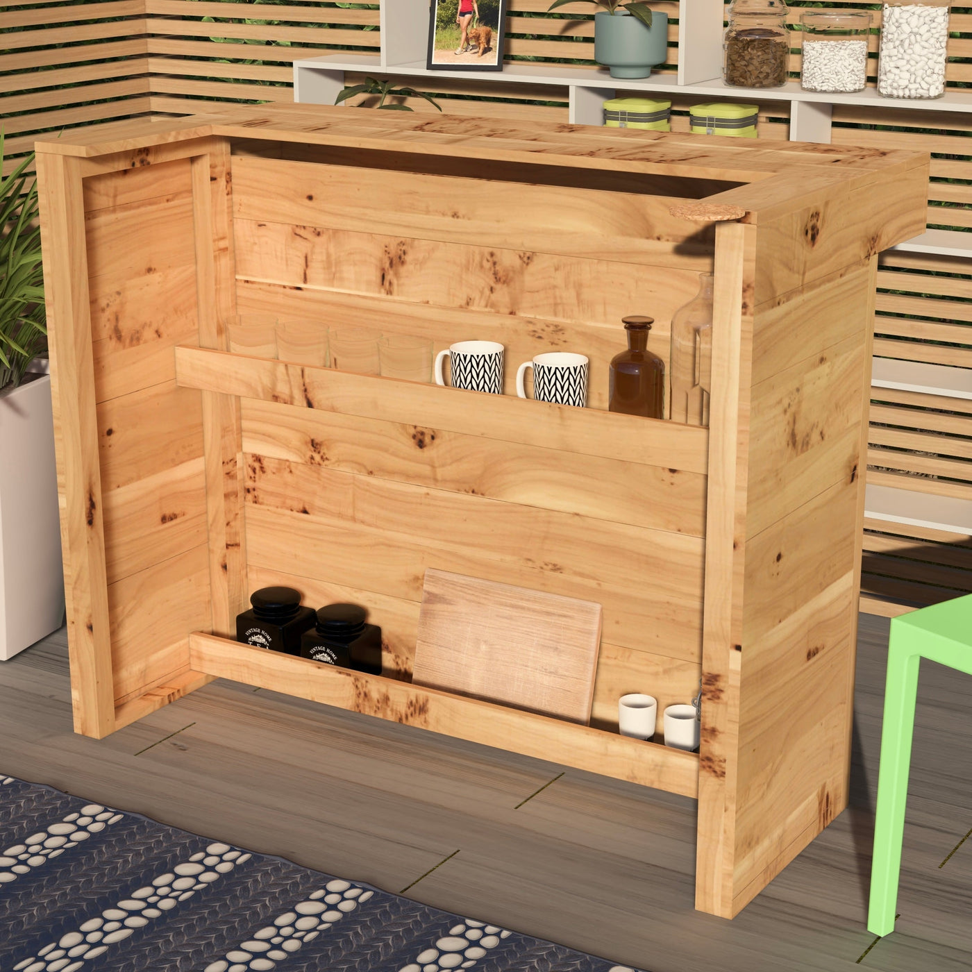 Wooden cabinet with shelves and cup holders on a wooden floor.