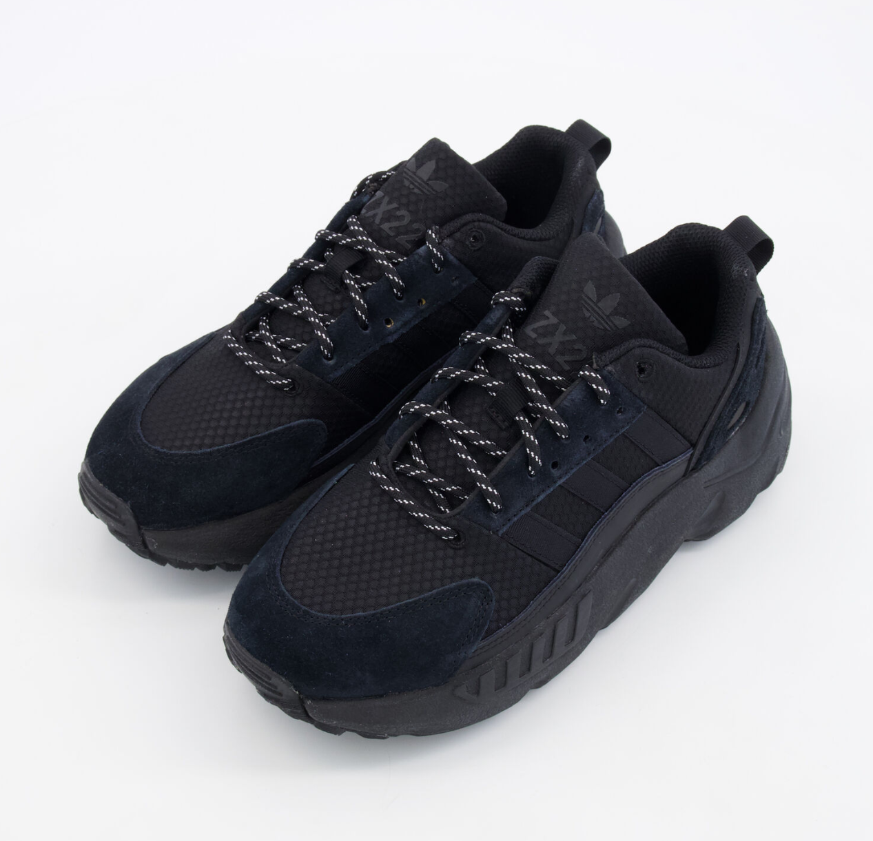 Pair of black sneakers on a white background